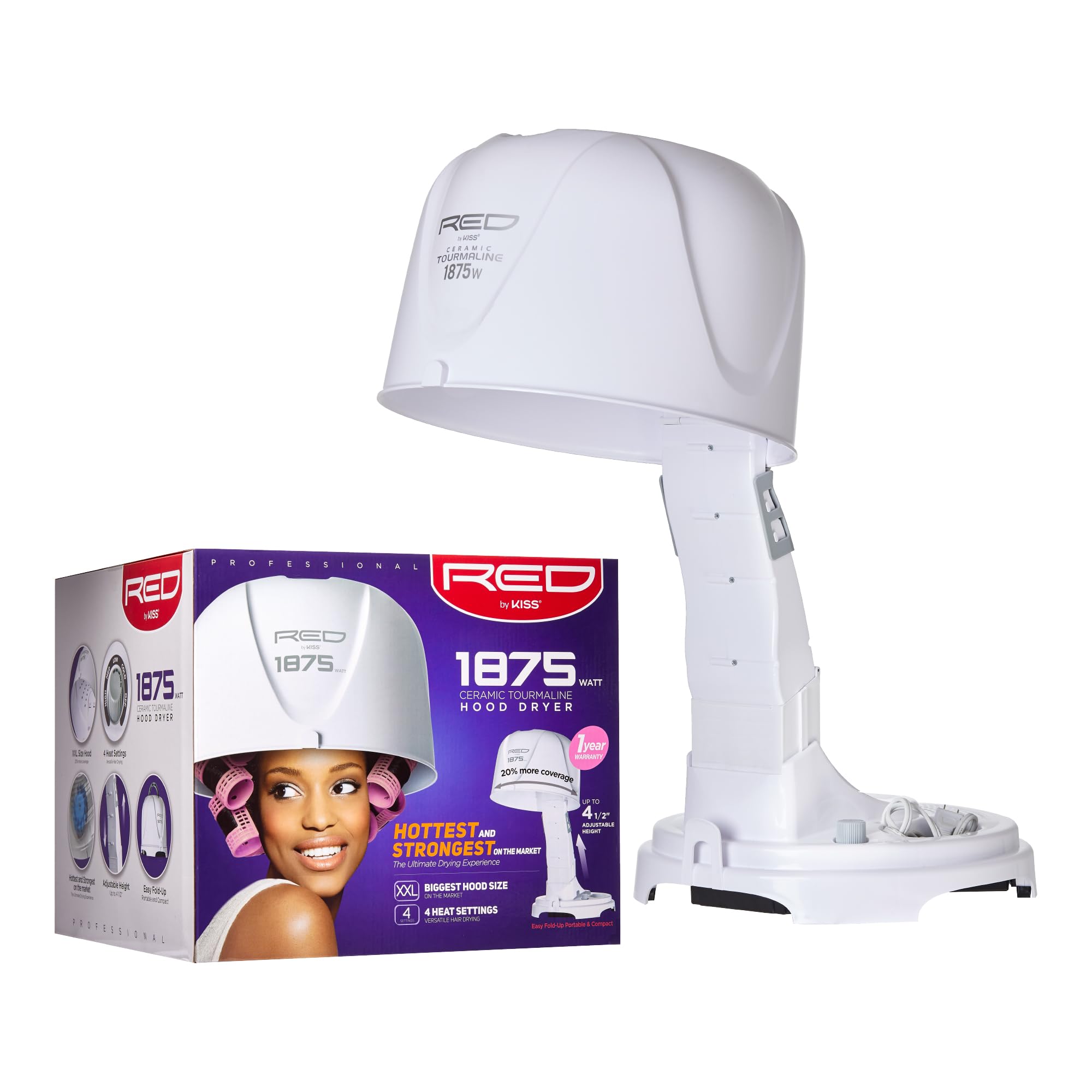 RED by KISS 1875 Watt Ceramic Tourmaline Hood Dryer, 4 Heat Settings Blow Dryer for Home & Salon, Height Adjustable Convenient H