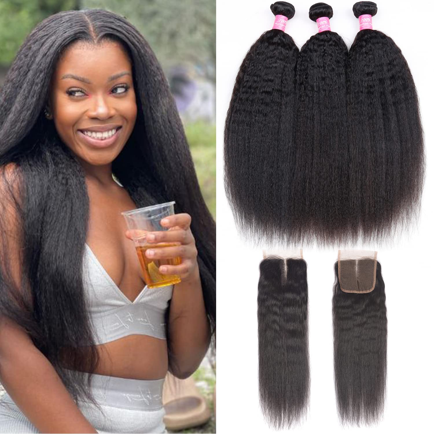 Kinky Straight Bundles with Closure Yaki Kinky Straight Human Hair 3 Bundles with 4x4 Lace Closure Unprocessed Brazilian Virgin 
