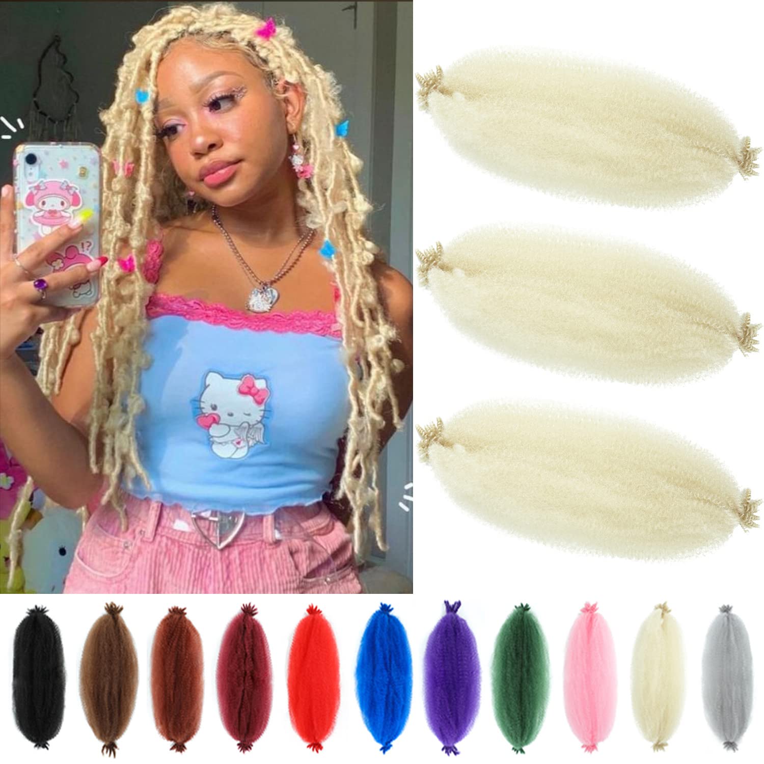 Springy Afro Twist Hair 16 Inch 3 Packs Pre Fluffed Marley Twist Braiding Hair for Black Women(16 inch, 613)