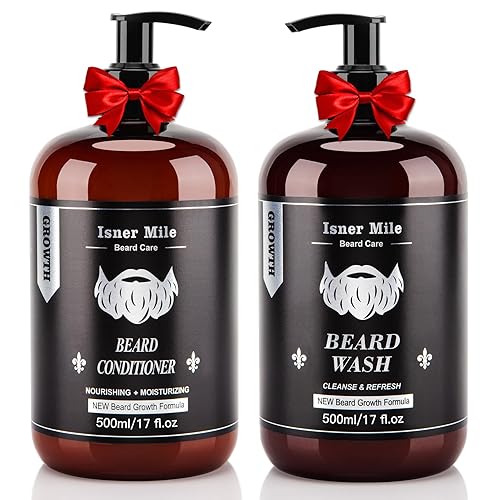 Beard Wash And Conditioner Set (Large 17 Oz Each), New Beard Growth Formula With Biotin Argan & Jojoba Oils, Smooth Soften Stren