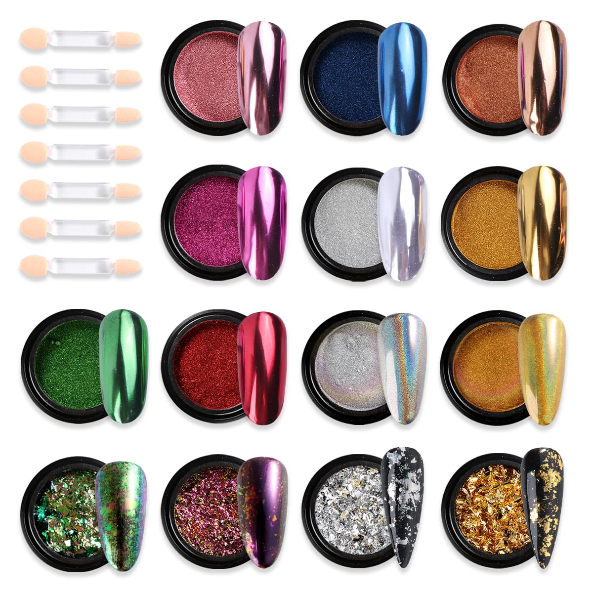 Chrome Nail Powder Set 14 Colors Pink Blue Silver Metallic Effect Mirror Powder for Nails With Brushes Holographic Pigment Chame