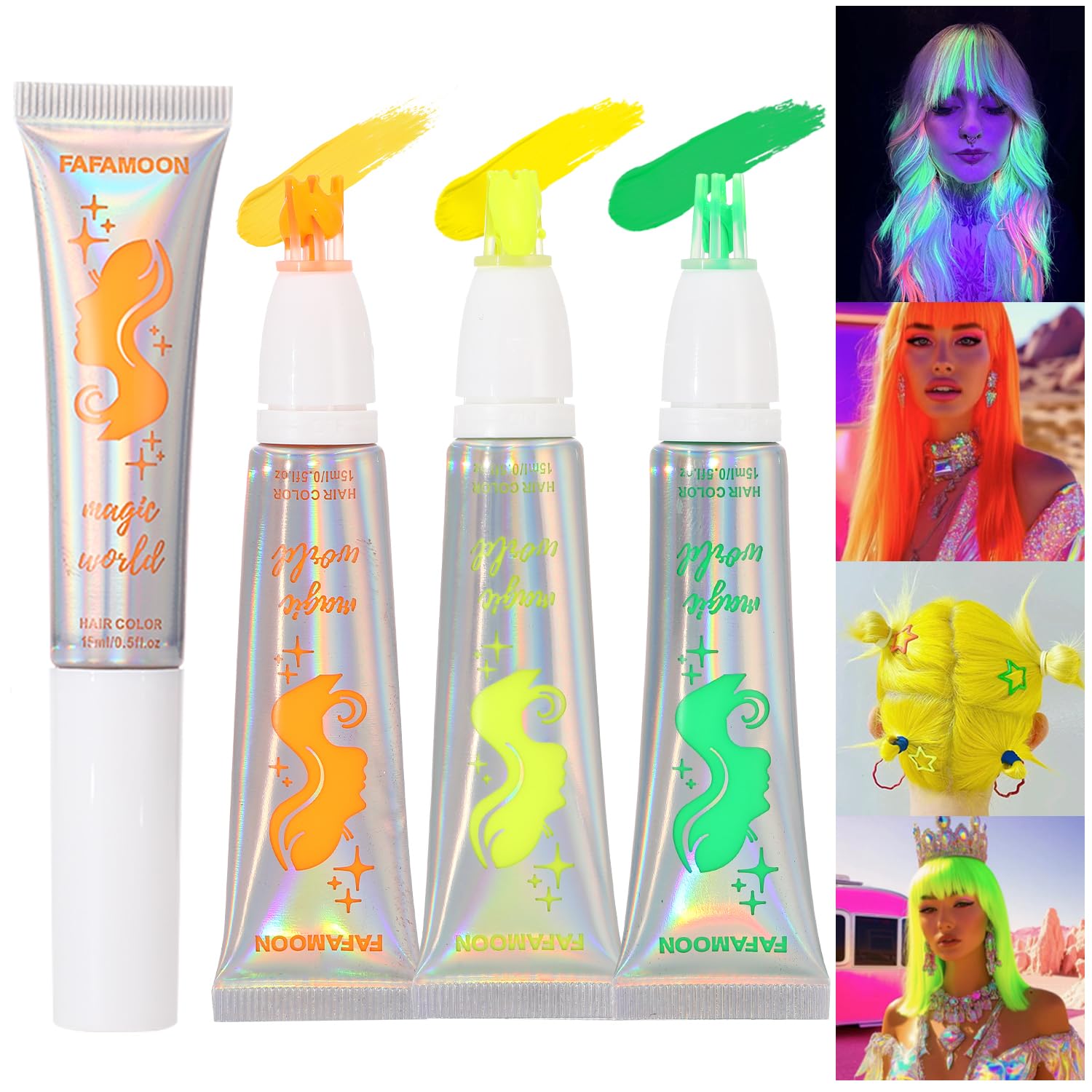 YIBABY 3 Colors Magical Temporary Hair Dye, Glow in the Dark UV Neon Hair Gel Set, Light Washable Hair Color Comb Hair Makeup fo