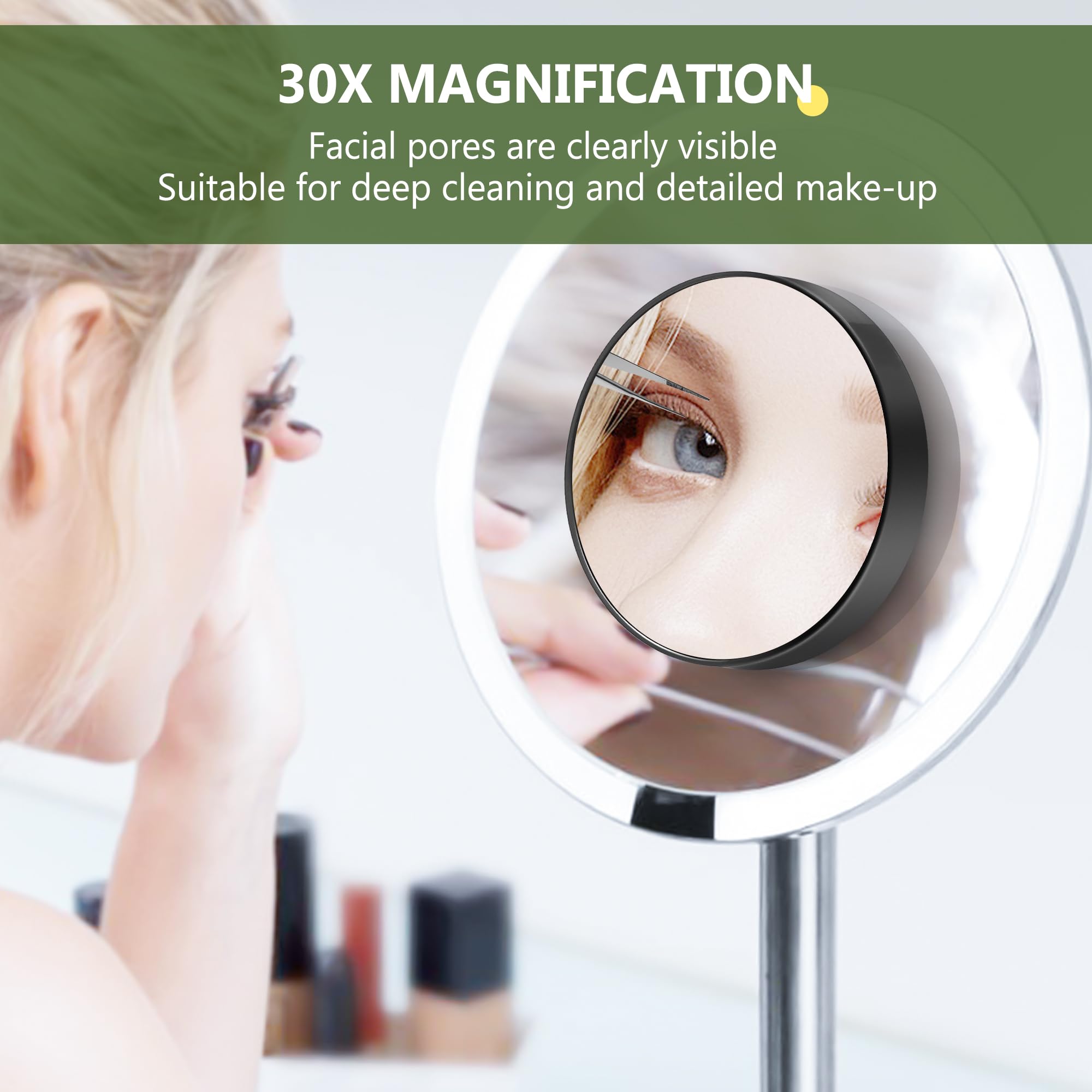 MIYADIVA 30X Magnifying Mirror - Black Travel Makeup Mirror with Suction Cup and Tweezers, Compact for Facial Hair Removal
