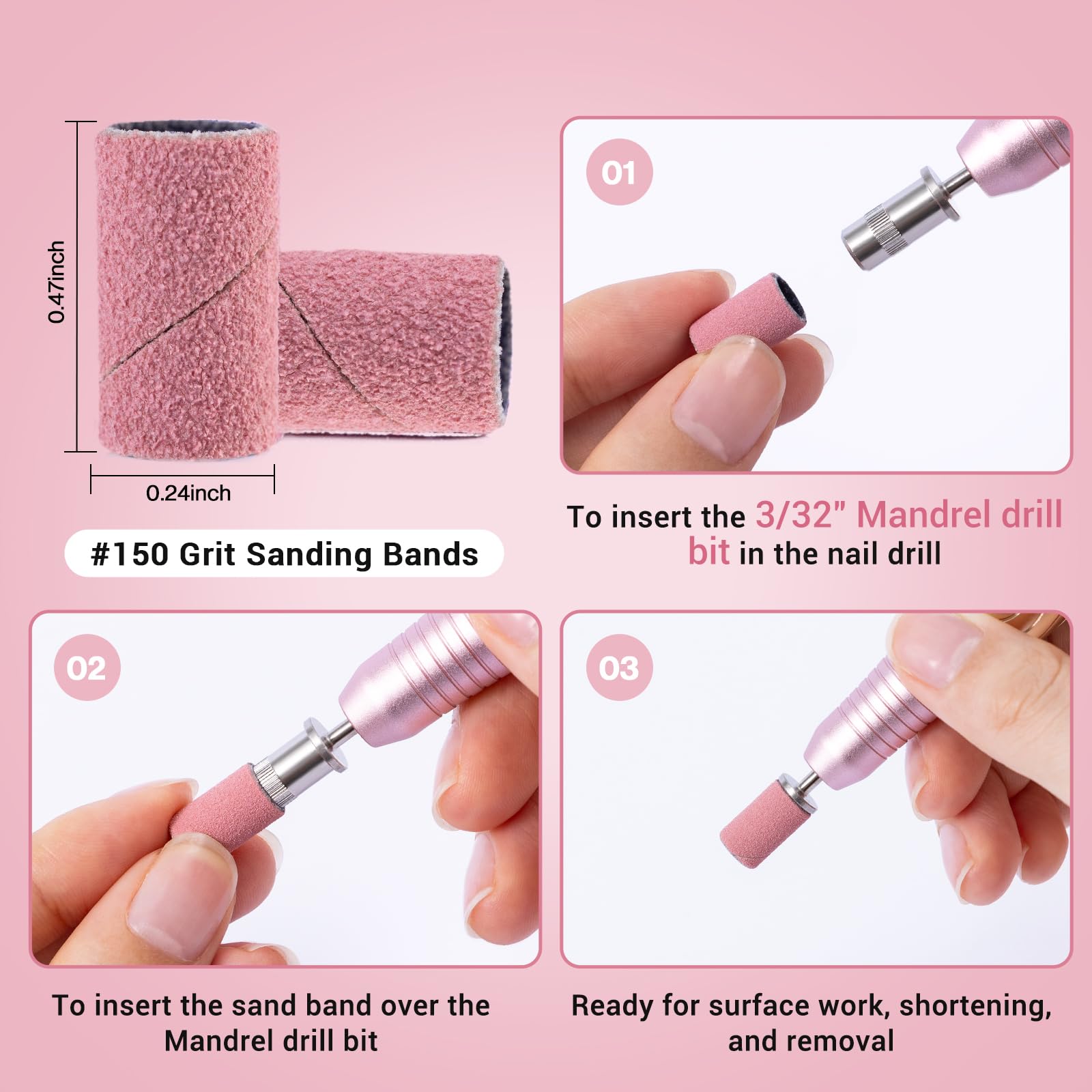 Melodysusie 100 Pcs Nail Drill Bits Sanding Bands For Nail Drill 150 Medium Grit Nail File Sanding Bands For Acrylic Nails Gel M