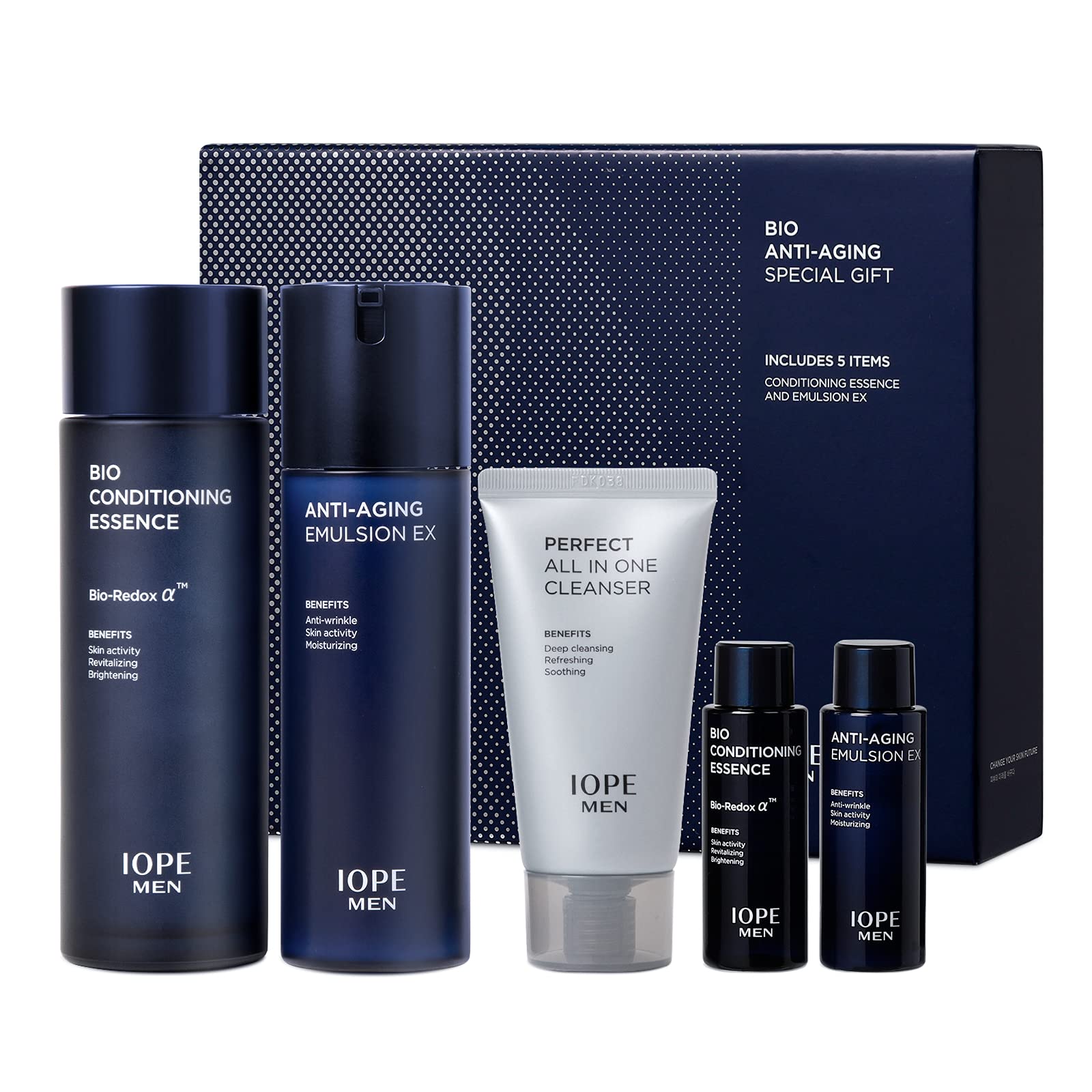 IOPE MEN BIO Anti-aging & Moisturizing Set, Cleanser, Emulsion, Conditioning Essence Serum and Soothing Aftershave, HOMME Korean