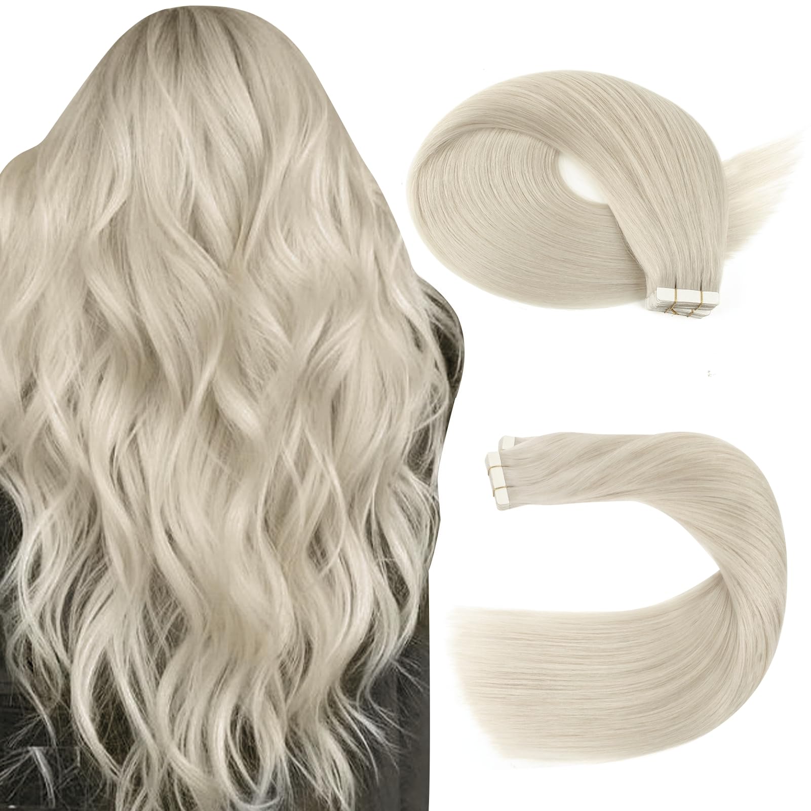 Sassina 16 Inch Remy Human Hair Tape In Extensions Invisible Seamless Skin Weft Tape In Extensions White Blonde Tape In Straight