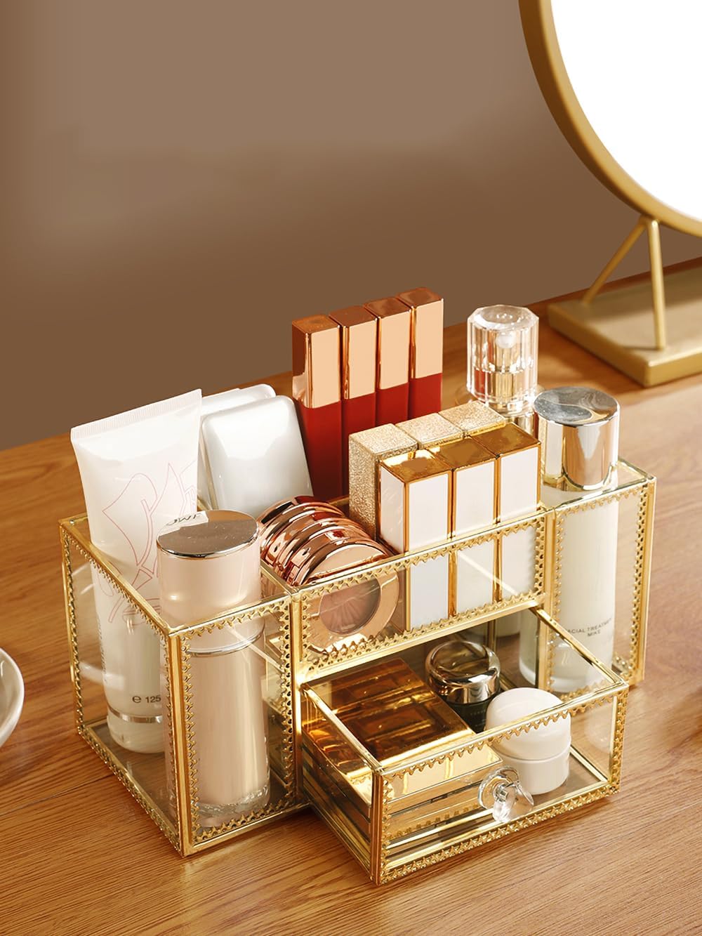 FSyueyun Vanity Clear Glass Makeup Organizer, Gold Makeup Brush Holder Cosmetic Storage Display Case for Skincare Perfume Dresse