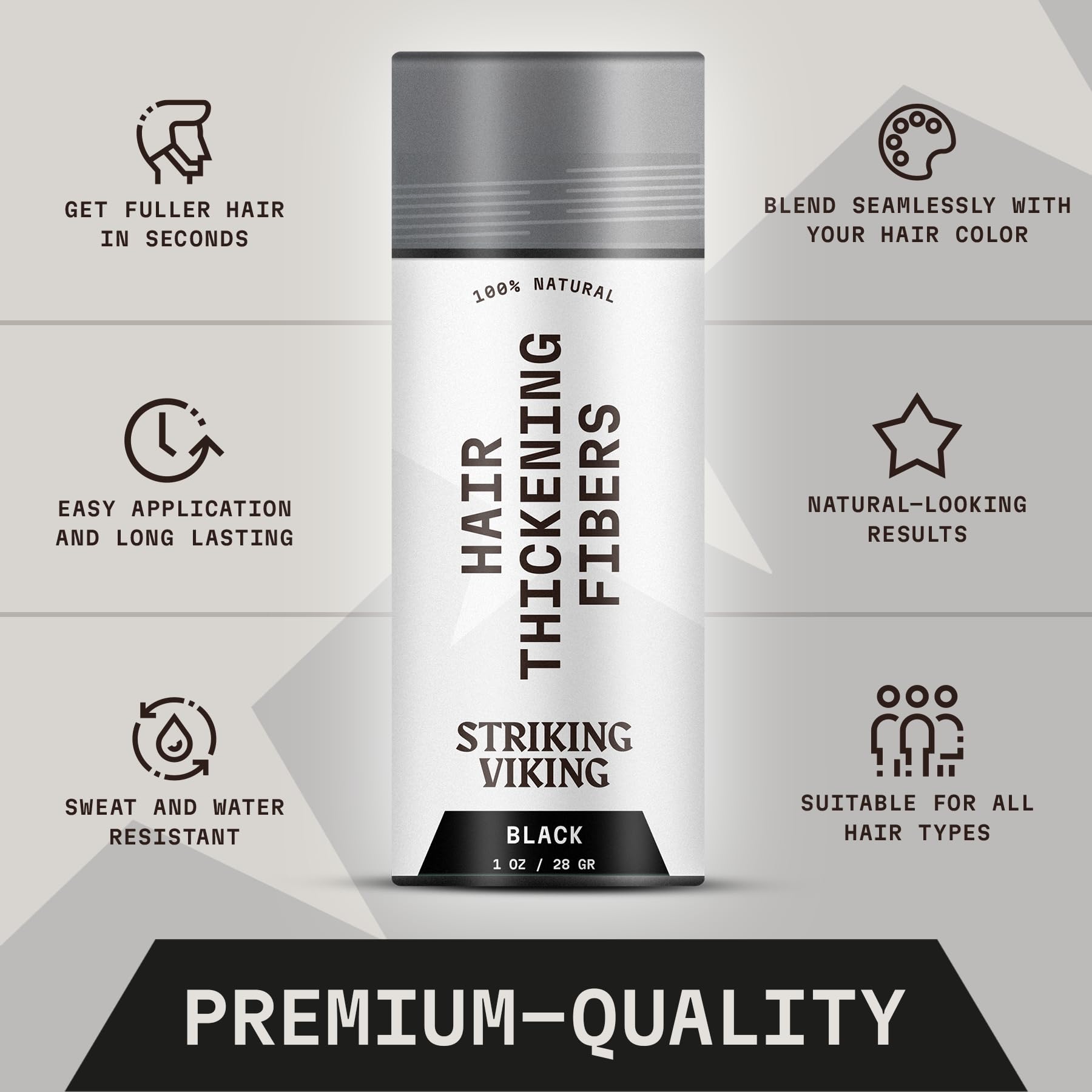 Striking Viking Hair Building Fibers for Thinning Hair (Black) 28g - Natural - Long-Lasting Powder for Undetectable, Thicker Loo