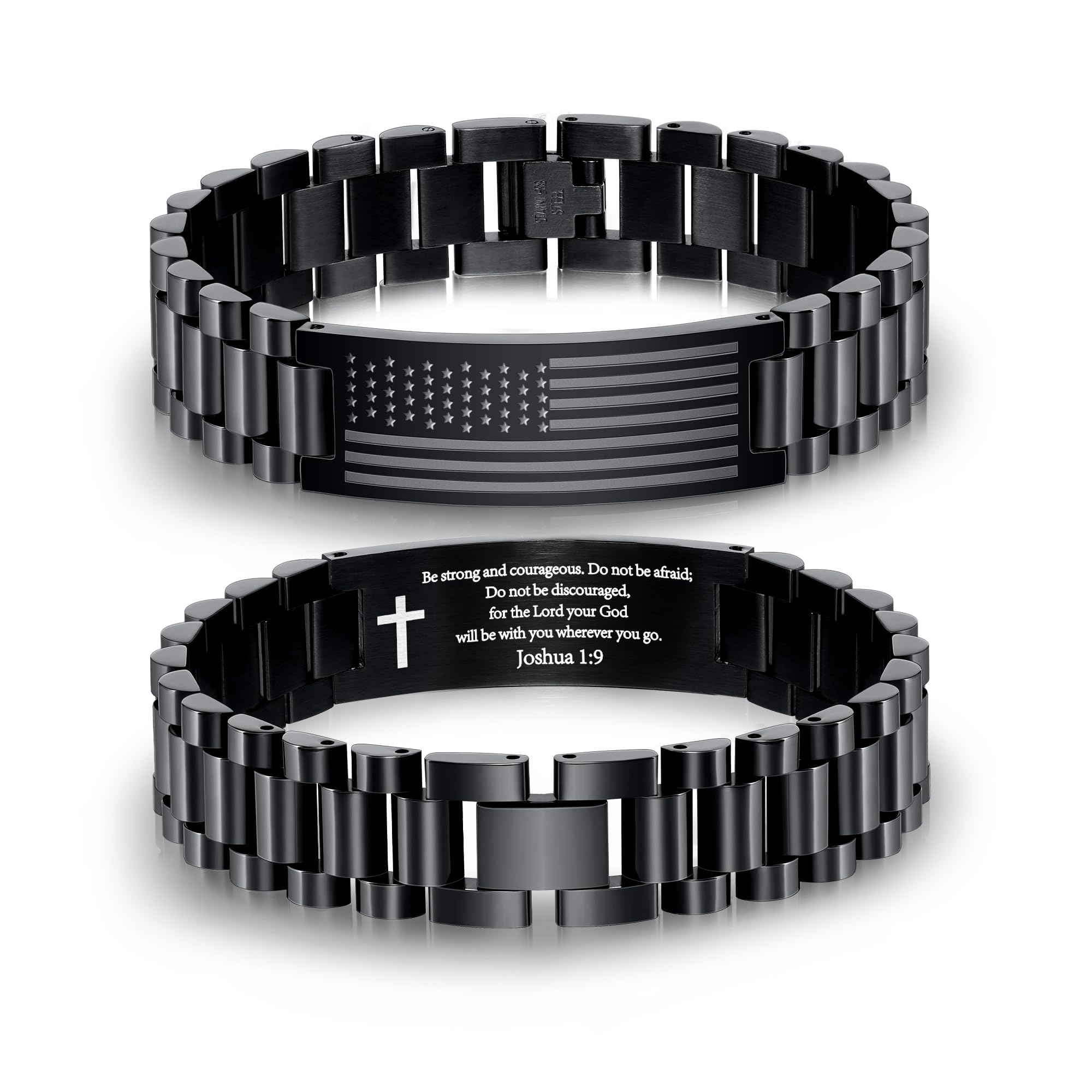 P.BLAKE American Flag Bible Verse Watch Link Bracelet for Men, Stainless Steel Engraved American Flag Yappy Daily Joshua 1:9 Scr