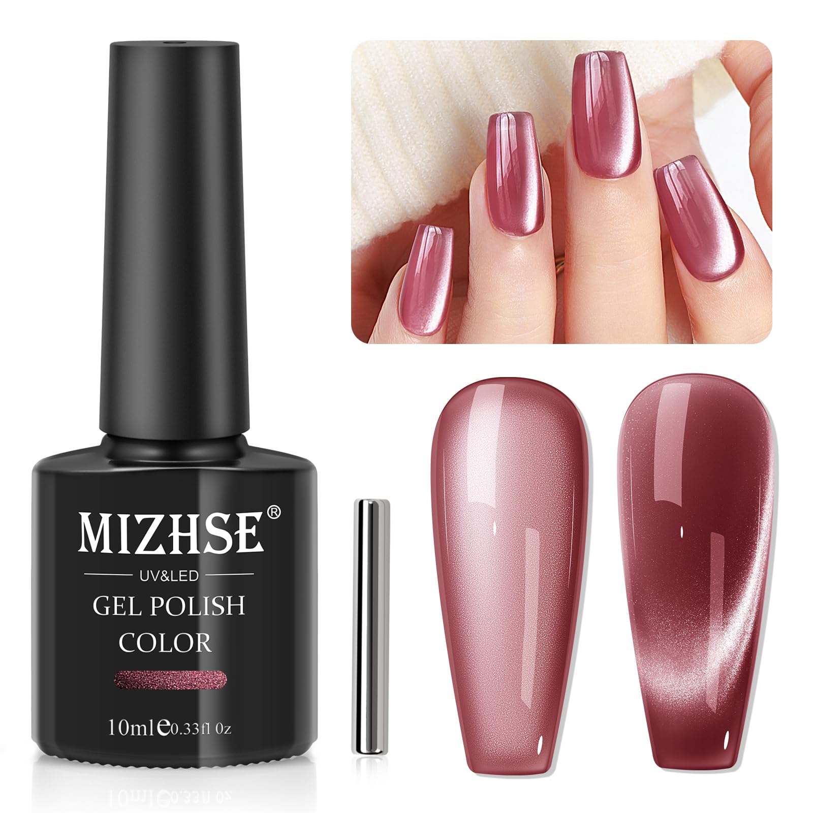 Mizhse Cat Eye Gel Nail Polish: Red Magnetic Gel Polish With Magnet Stick, Maillard Style Magic Effect Galaxy Shimmer Glitter Ho