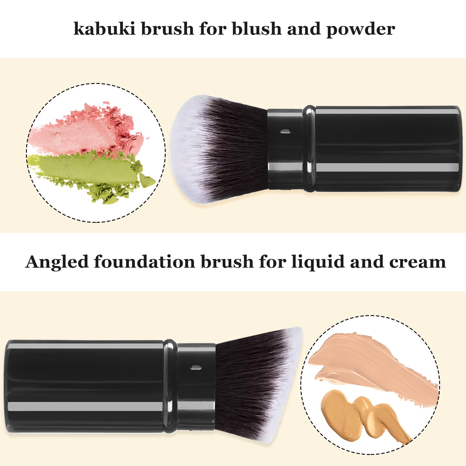 Keriloo Makeup Brush 2 Pack, Retractable Travel Kabuki Powder Makeup Brush, Foundation Face Blush Brushes For Blending Liquid, B