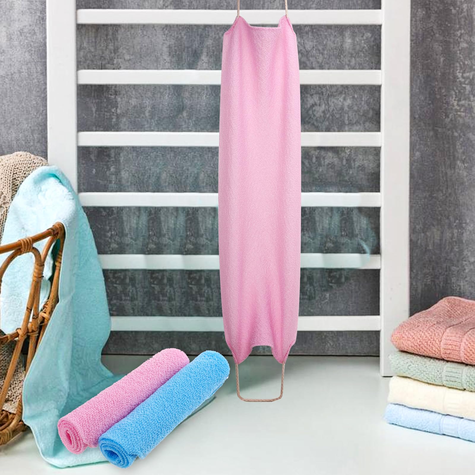 WY LIGHTING LEVEL 2Pcs Nylon Back Scrubber with Handles - Exfoliating Washcloths for Shower - Pink & Blue - Extended Length for Face & Back