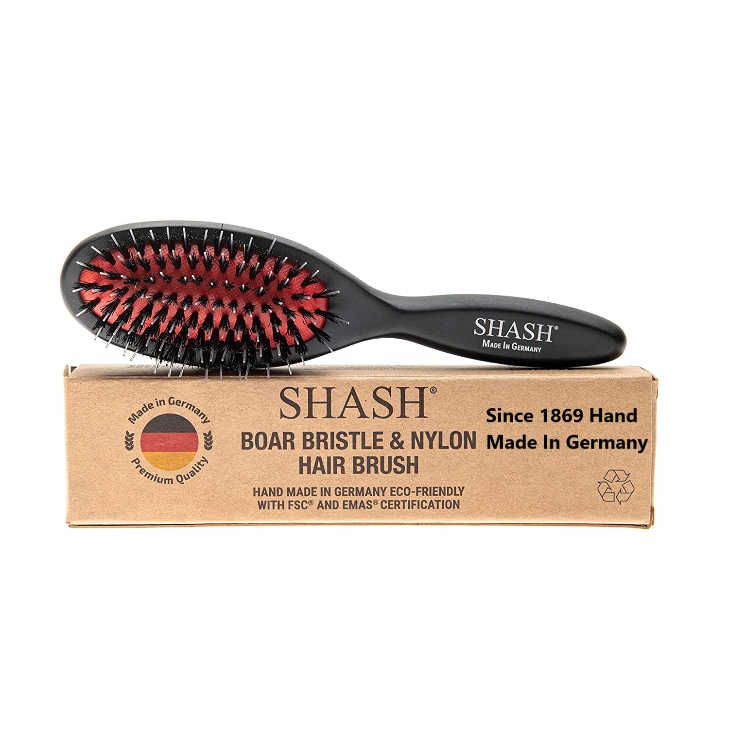 SHASH Nylon Boar Bristle Brush - Hand Made in Germany, Small, Black - Detangles, Softens, Improves Hair Texture, No Pulling or Split Ends