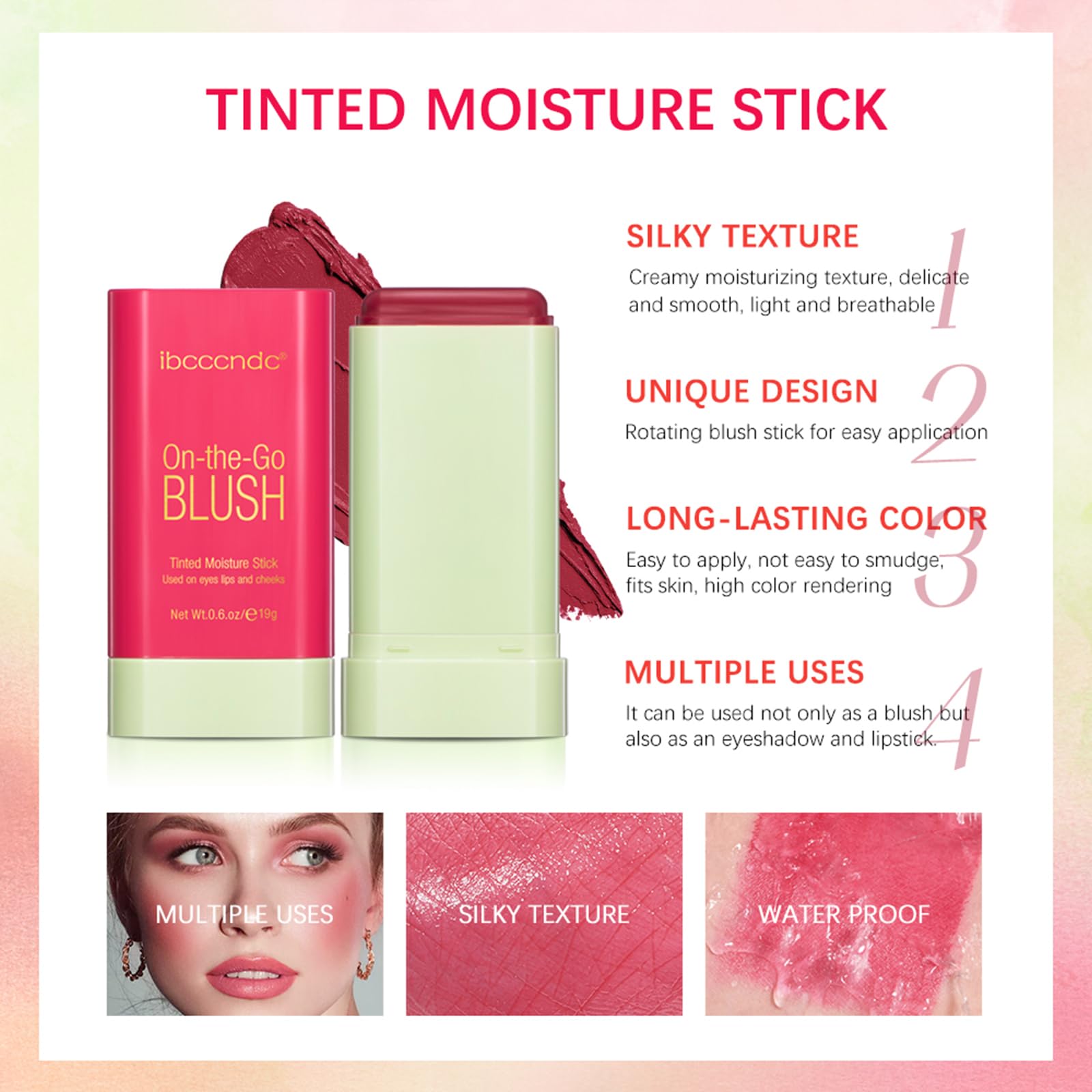 Meicoly Multi Use Makeup Blush Stick,On-The-Go 2-In-1 Lip Cheek Cream Blush Stick,Waterproof Solid Face Blush Makeup Cheek Tint,