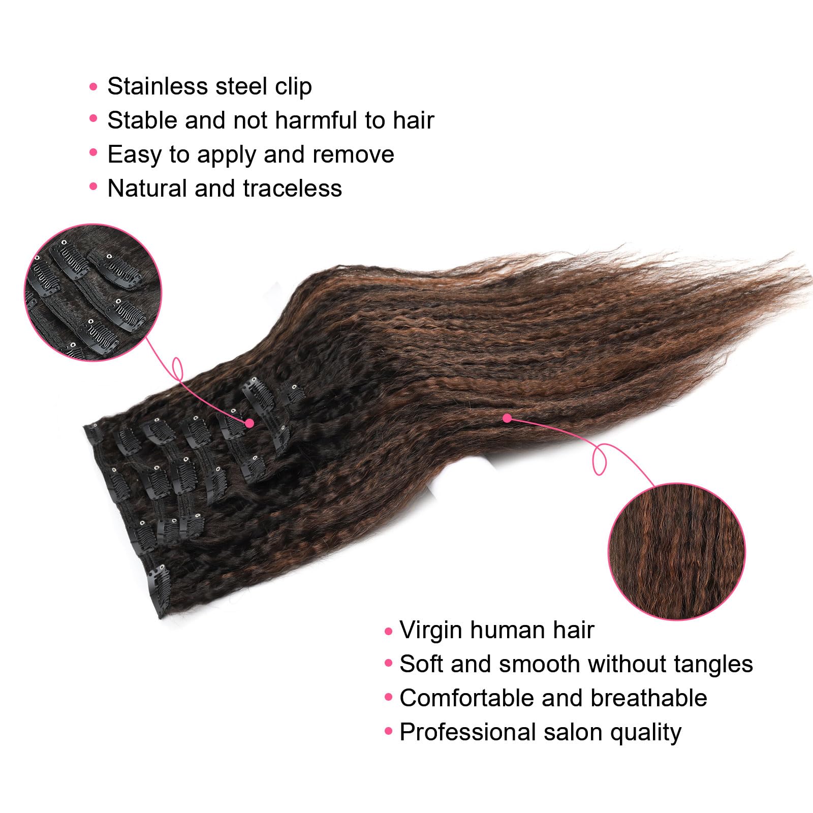 Abh Amazingbeauty Hair Light Kinky Straight Clip Ins Rooted Black Piano Natural Black #1B With Chocolate Brown #4 Kinky Clip Ins