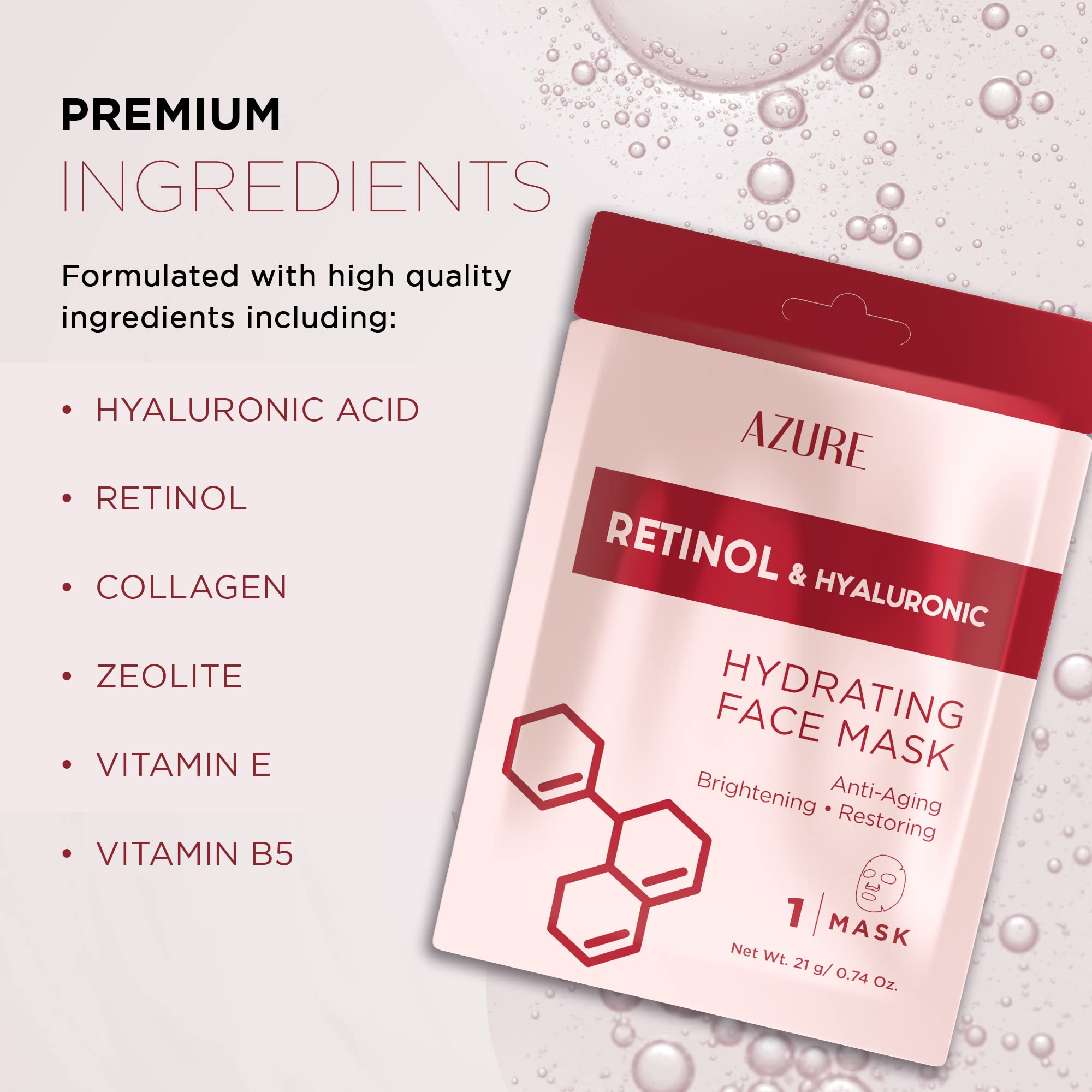 Azure Retinol & Hyaluronic Acid Anti Aging Facial Sheet Mask - Rejuvenating & Hydrating Face Mask - Helps Reduce Fine Lines & Wr
