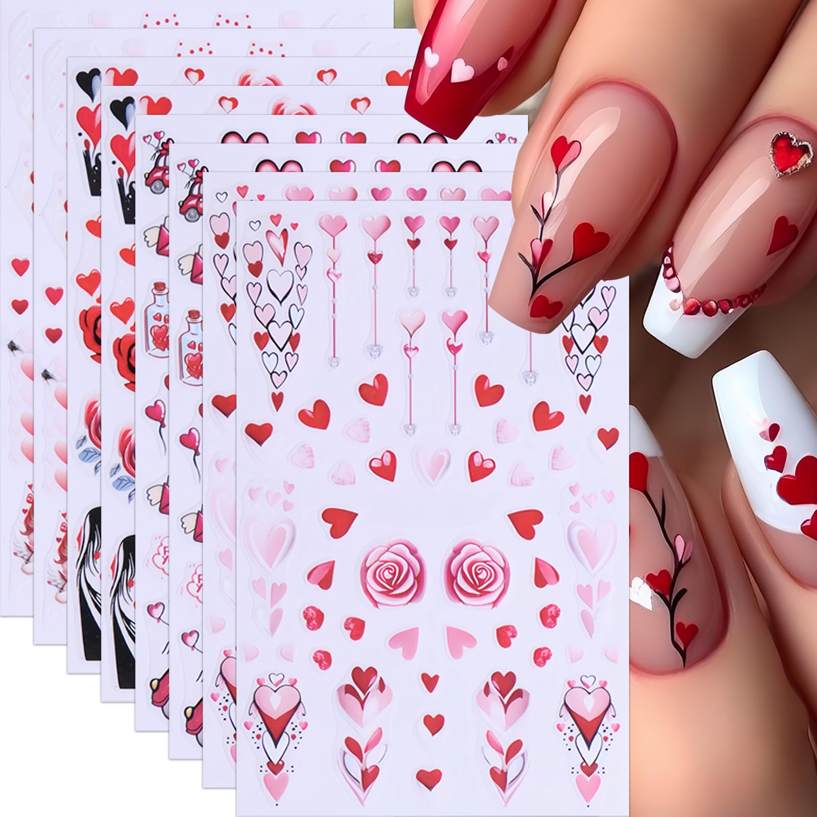 8 Sheets Valentines Day Nail Stickers 3D Self-Adhesive Red Rose Love Angel Nail Decals Small Car Envelope Rose Love Heart Nail D