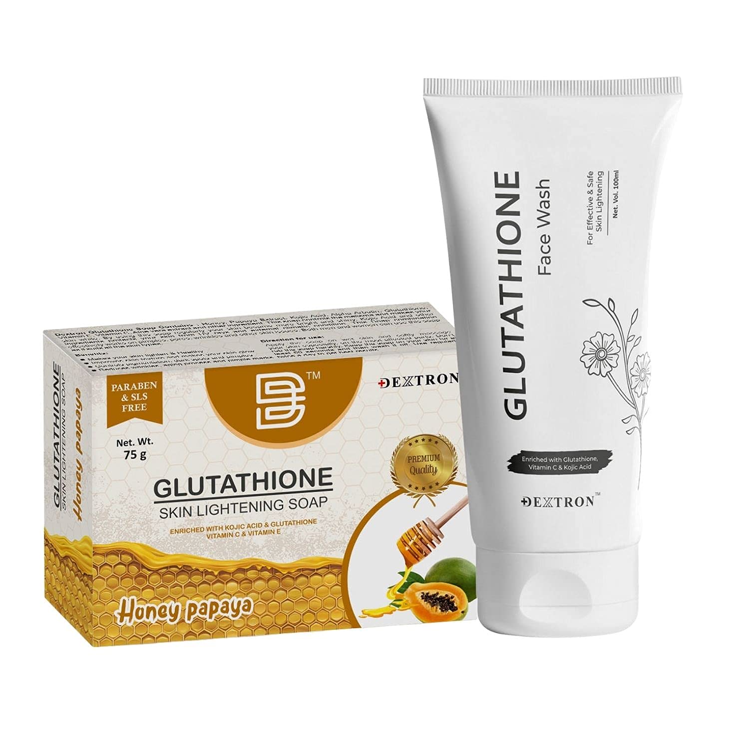 Dextron Glutathione Skin Lightening Soap & Face Wash Kit For All Skin Types Skin Care Combo Set (Face Wash & Papaya Honey Soap)
