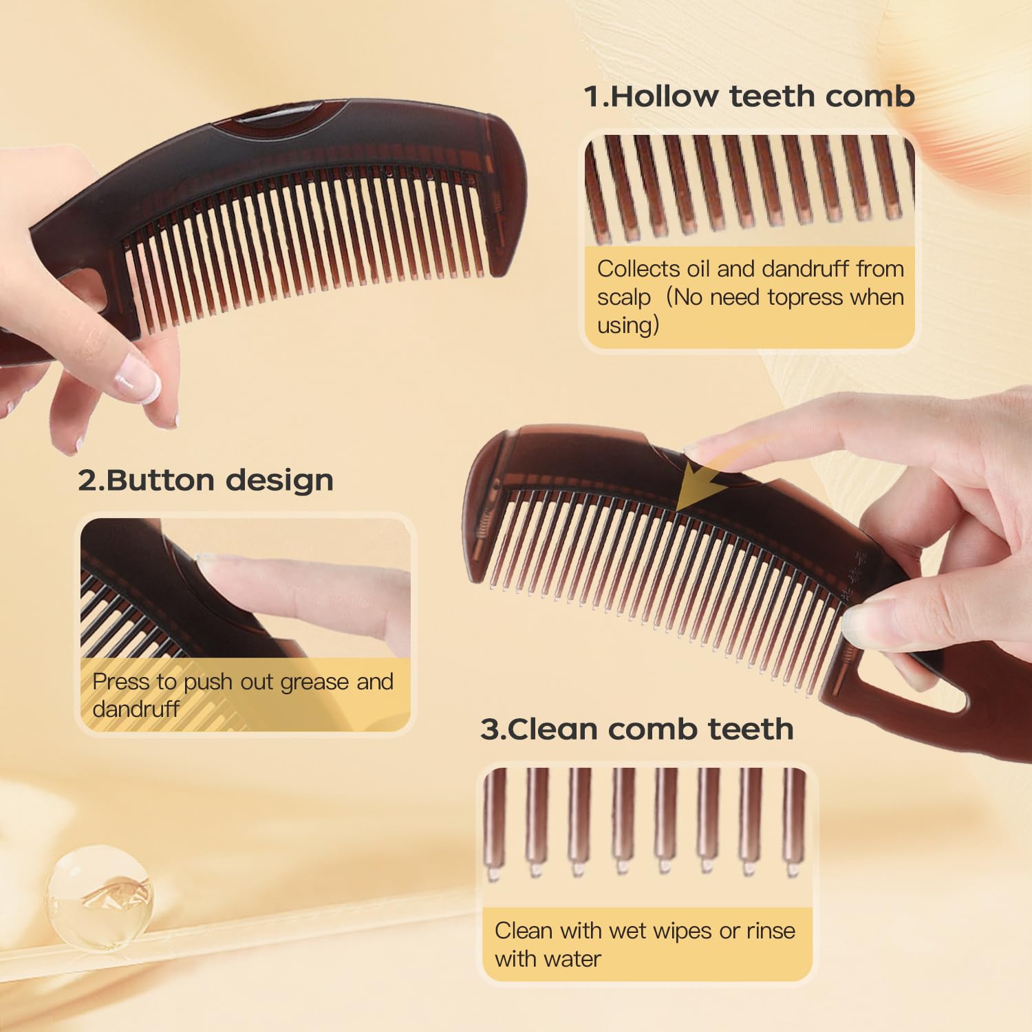 Dandruff Comb Self-Cleaning, Scalp Care Massage Energy Comb, Plastic Wide Hollow Tooth Button Comb For Scalp Exfoliation With Gu