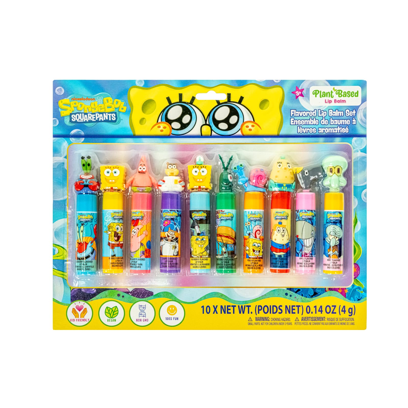 SpongeBob Lip Balm Set, 10Piece with Removable 3D Toppers