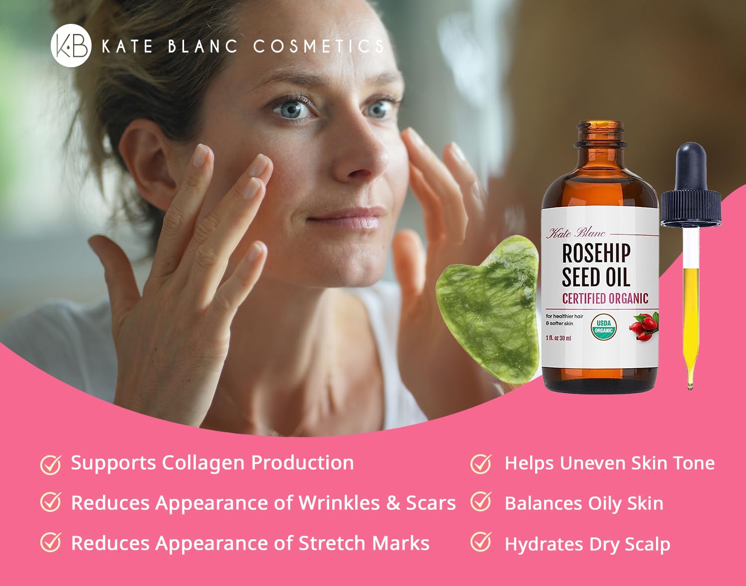 Kate Blanc Cosmetics Rosehip Oil For Face With Jade Gua Sha Stone (1Oz, Organic, Pure, Cold Pressed) Rosehip Seed Face Oil For G