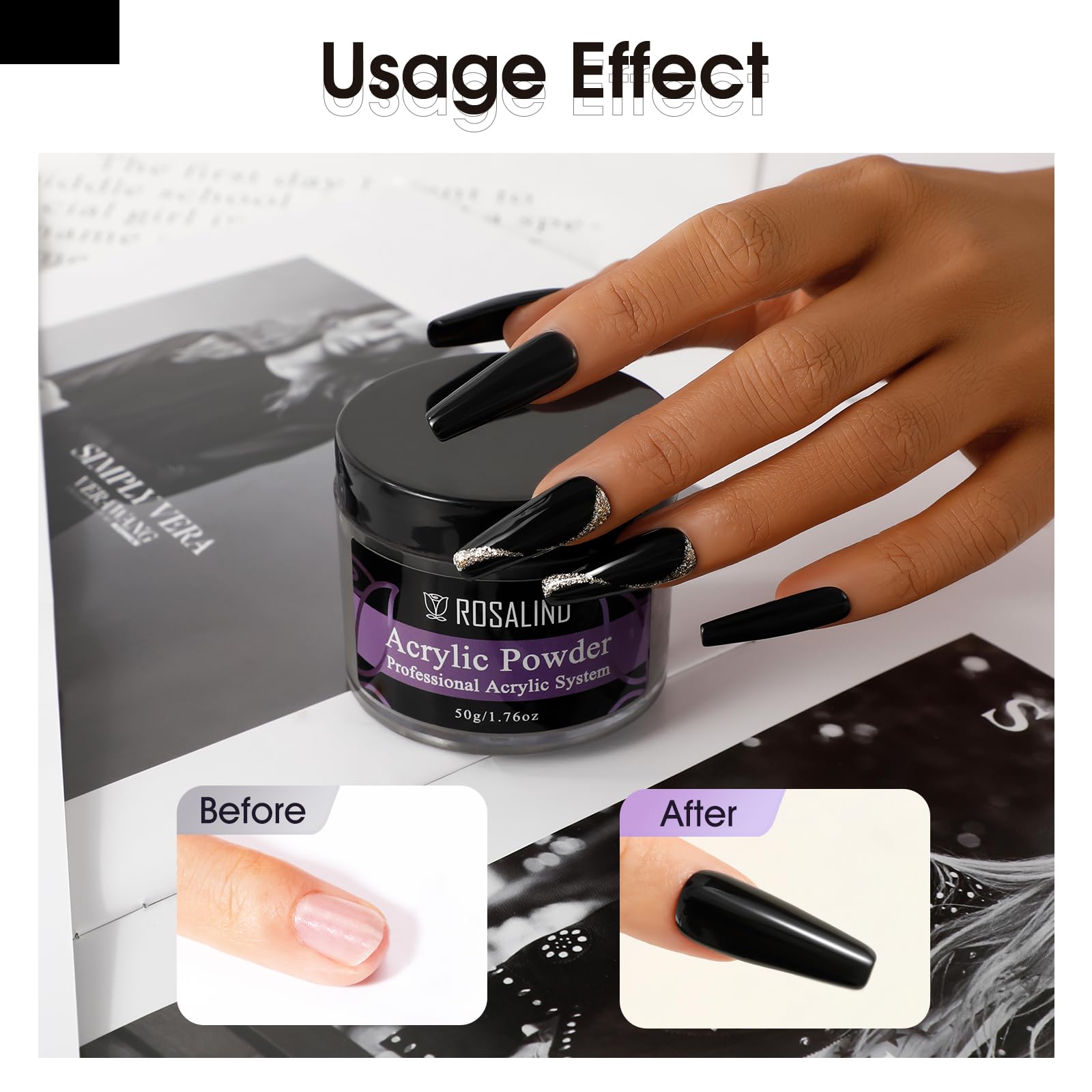 ROSALIND Black Acrylic Nail Powder 50g/1.76oz Acrylic Black Powder for Nail Acrylic Extension, Professional Crystal Polymer Blac