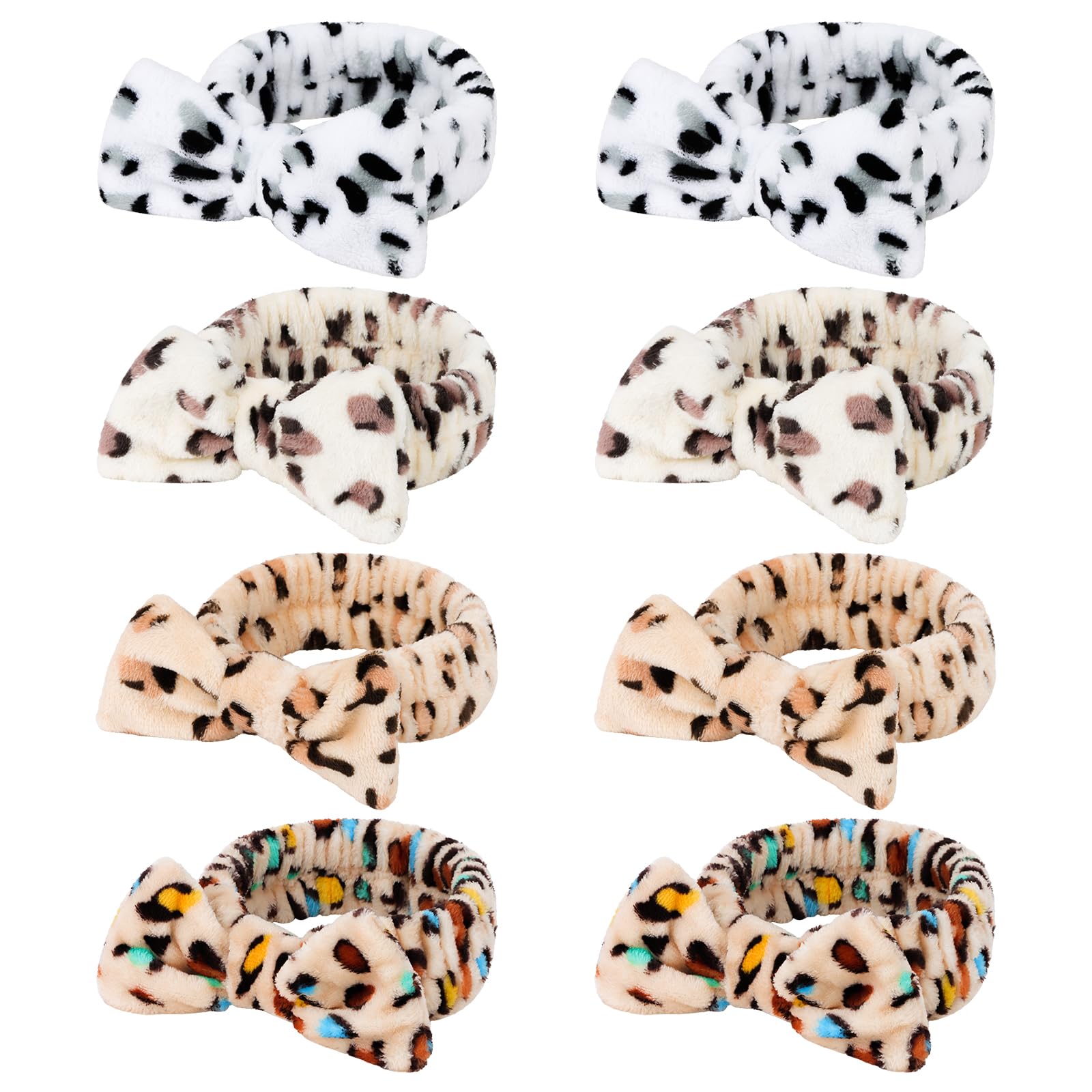 Ondder Leopard Terry Cloth Spa Headbands for Skincare, Makeup, Face Washing - 8 Pcs Bow Hair Bands for Women
