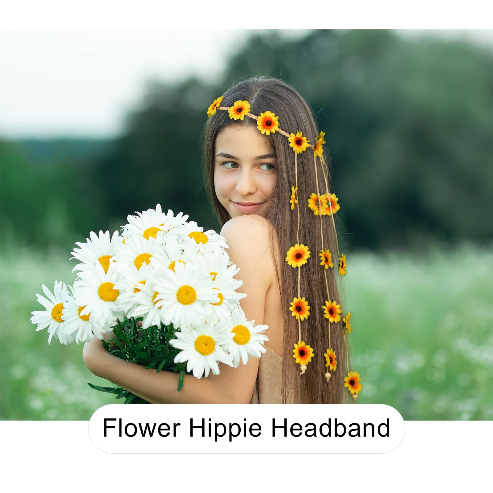Awaytr Flower Hippie Headband Floral Crown Behemain Sunflowers Beads Adjust Flower Headdress Hair Accessories (Yellow)