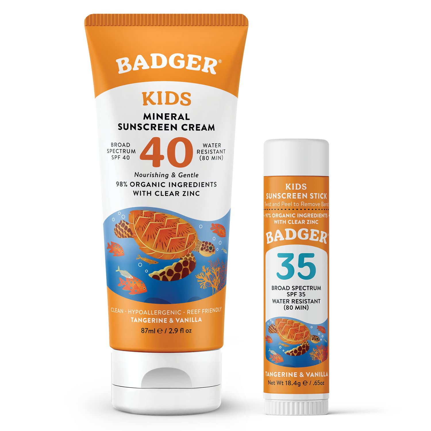 Badger Kids Mineral Sunscreen Combo, SPF 40 Kids Cream + SPF 35 Kids Face Stick, Organic Sunscreens w/Mineral Zinc Oxide, Water 