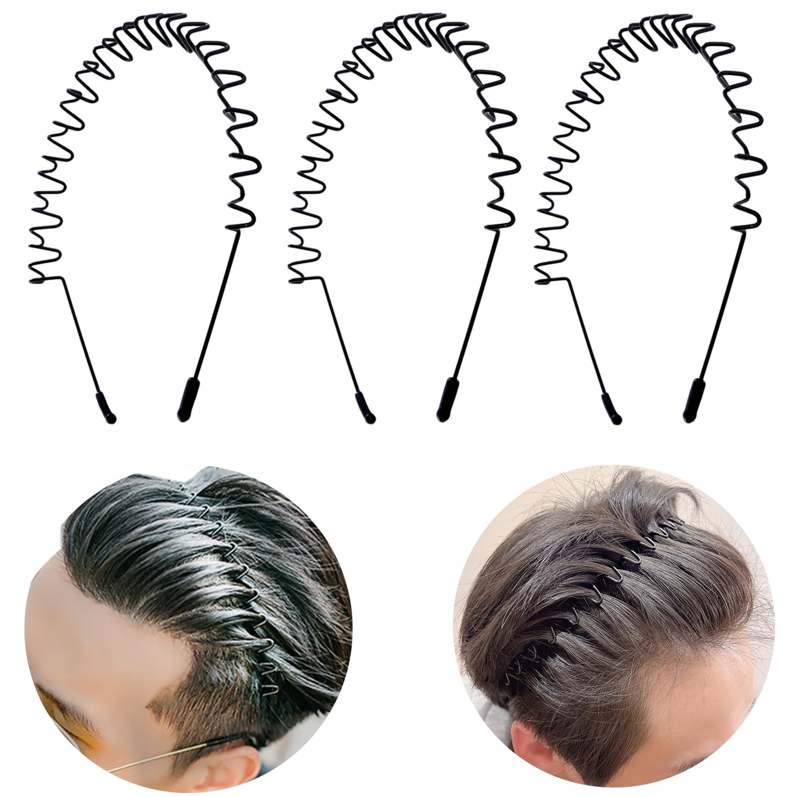 Loucent 3 Pack Metal Hair Band for Men Headband Women Hair Bands Men Unisex Black Wavy Spring Outdoor Sports Headbands for Men's