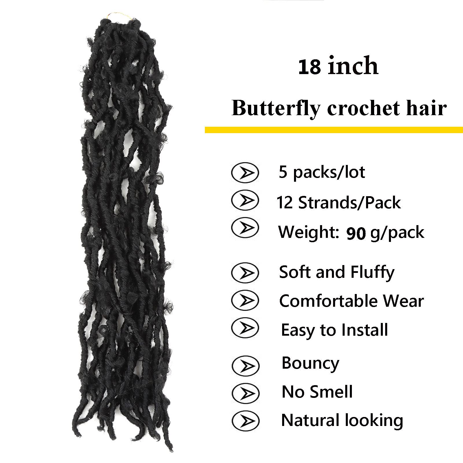 5 Packs 18 Inch Butterfly Crochet Hair For Black Women Faux Locs Pre Looped Pre-Twisted Braids (18 Inch 5 Pack, 1B)