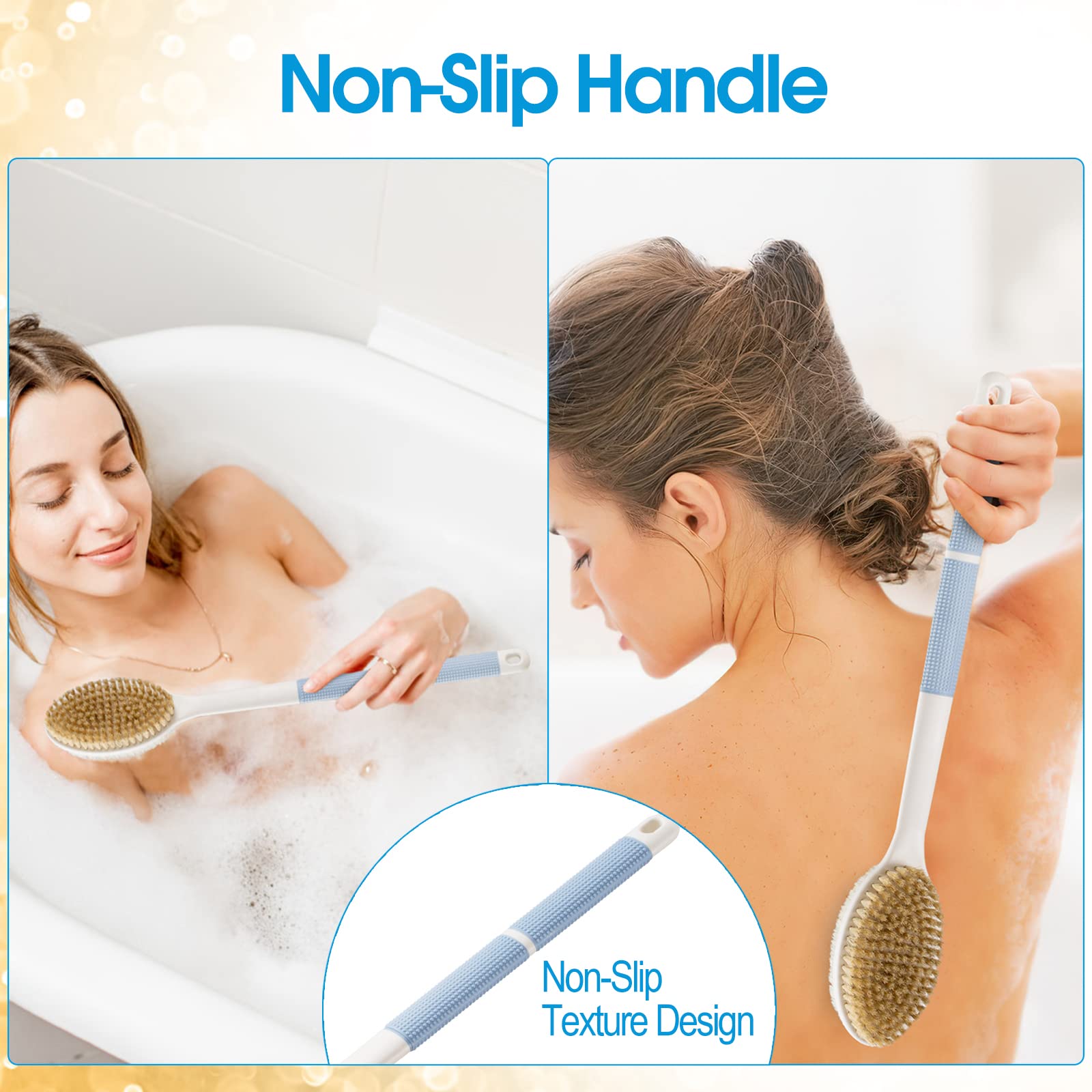 Back Scrubber Anti Slip For Shower,Back Brush Long Handle With Stiff And Soft Bristles,Body Exfoliator For Bath Or Dry Brush(Blu