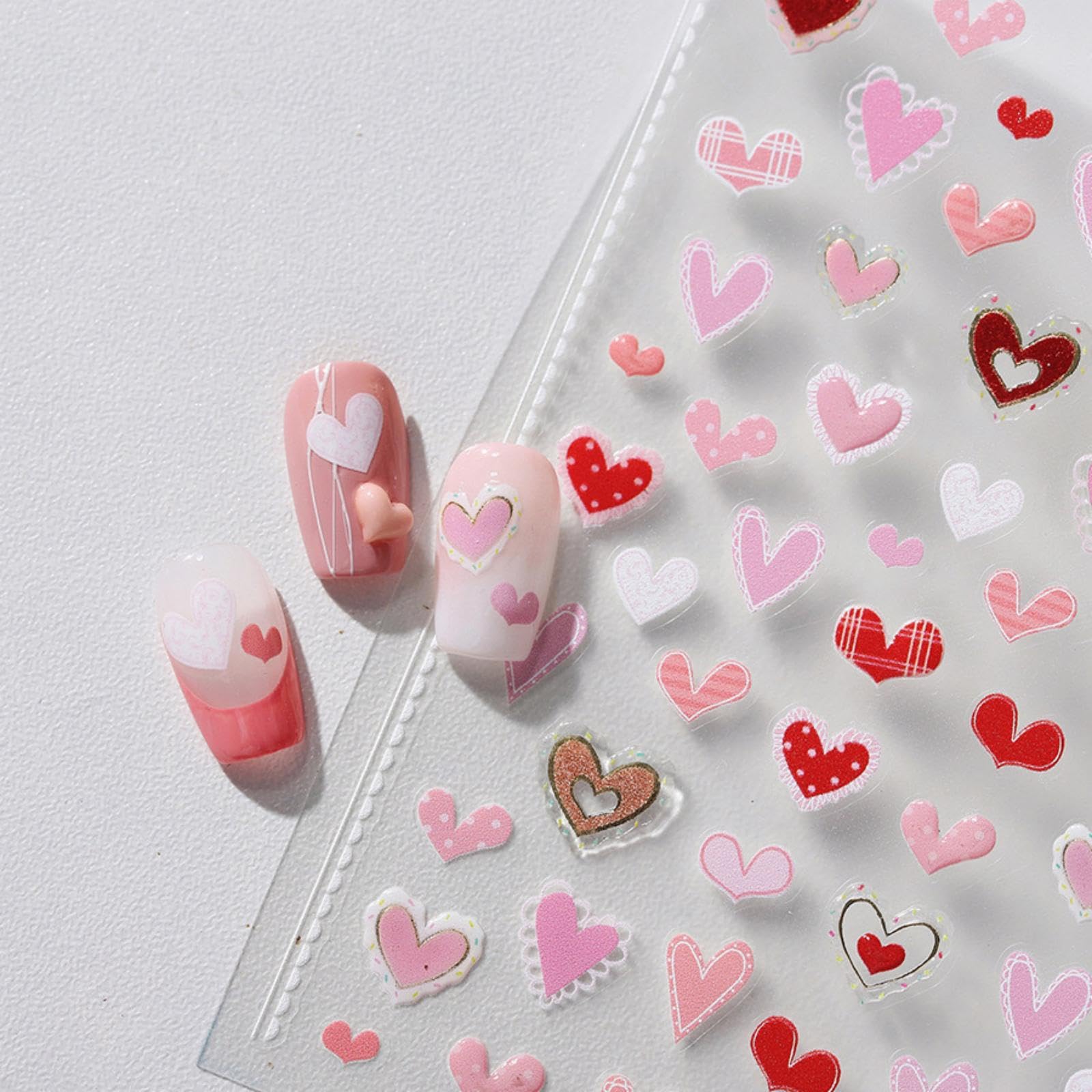 Pink Heart Nail Art Stickers 5D Embossed Valentines Nail Stickers Self-Adhesive Red Pink Love Nail Decals For Women Girls Lover