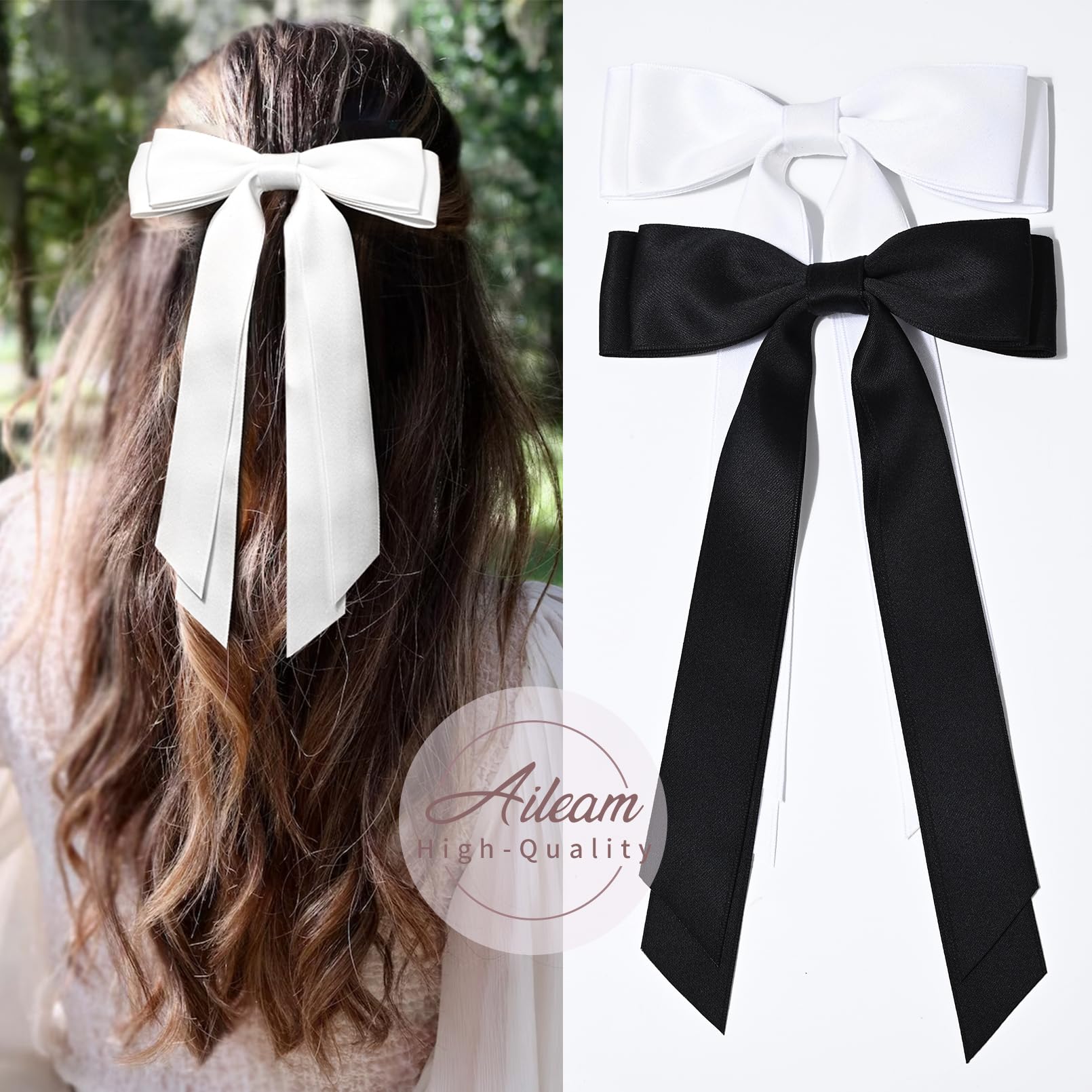 2PCS Silky Satin Hair Bows Hair Clip Black White Hair Ribbon Ponytail Holder Accessories Slides Metal Clips Hair Bow for Women G