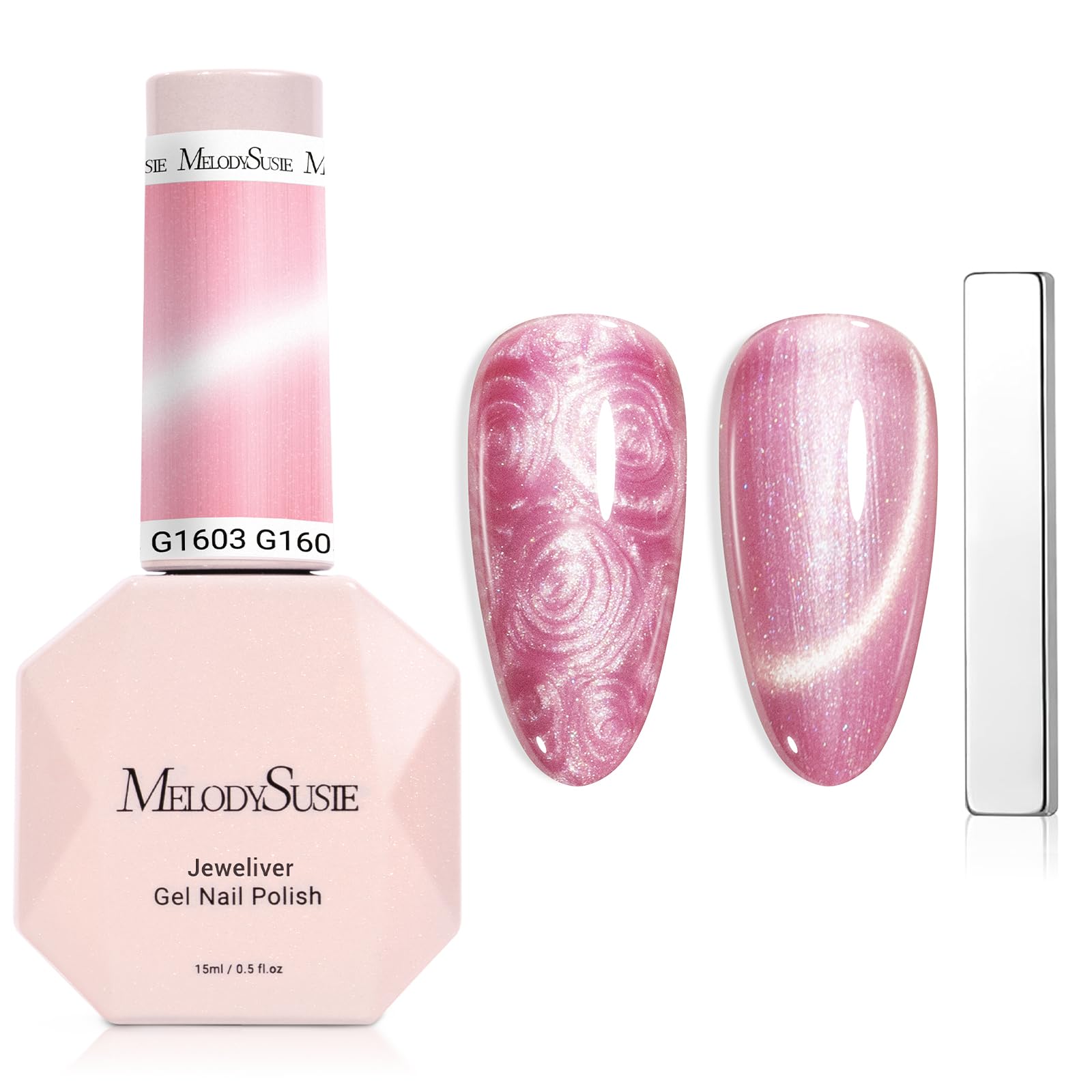 MelodySusie Pearl Cat Eye Gel Nail Polish, 0.5 Fl Oz Bubblegum Pink Glitter Holographic Magnetic Nail Polish with Magnet, UV Nai