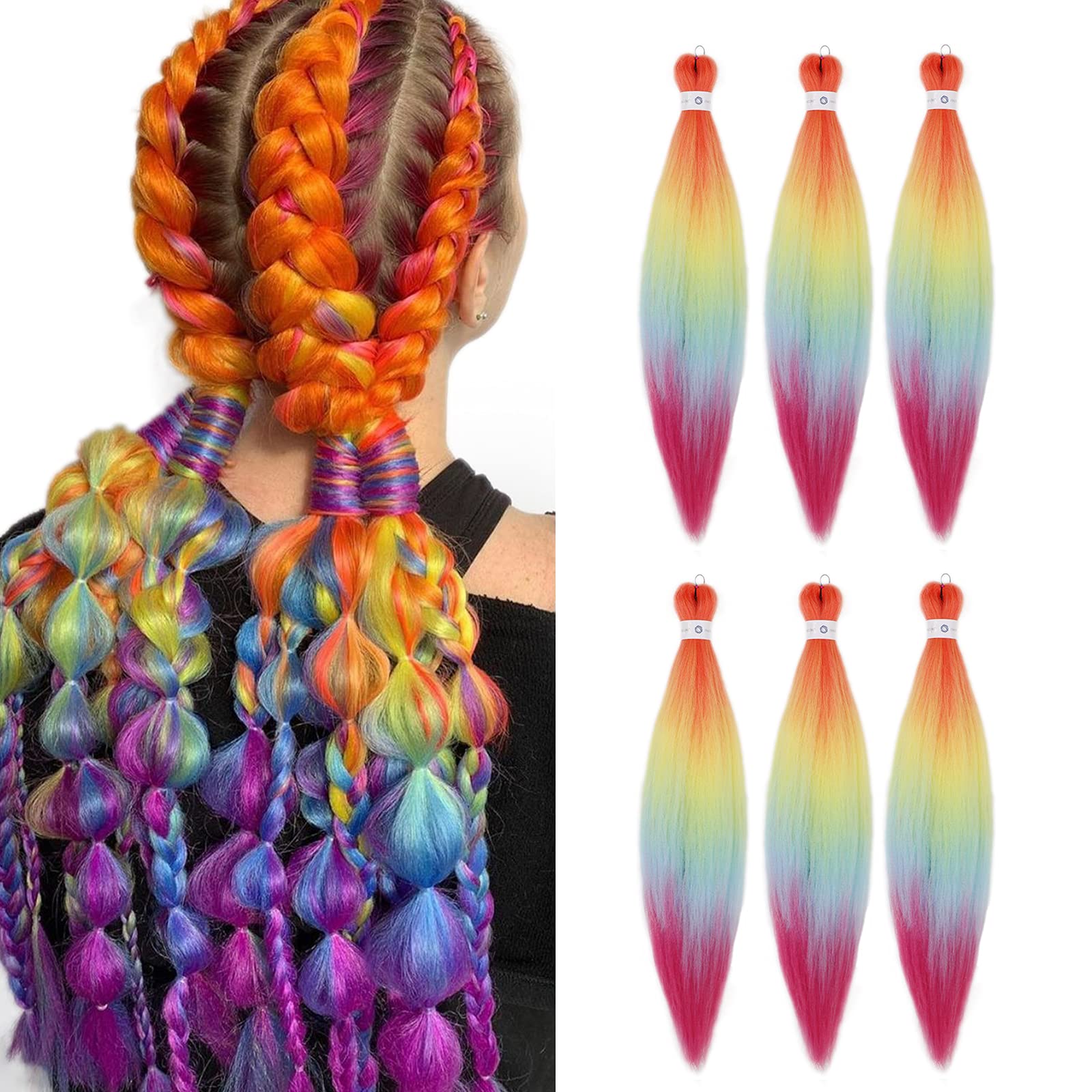 Pre-Stretched Braiding Hair Ombre Rainbow Braiding Hair Extensions 26 Inch 6 Packs Hot Water Setting Professional Soft Yaki Synt