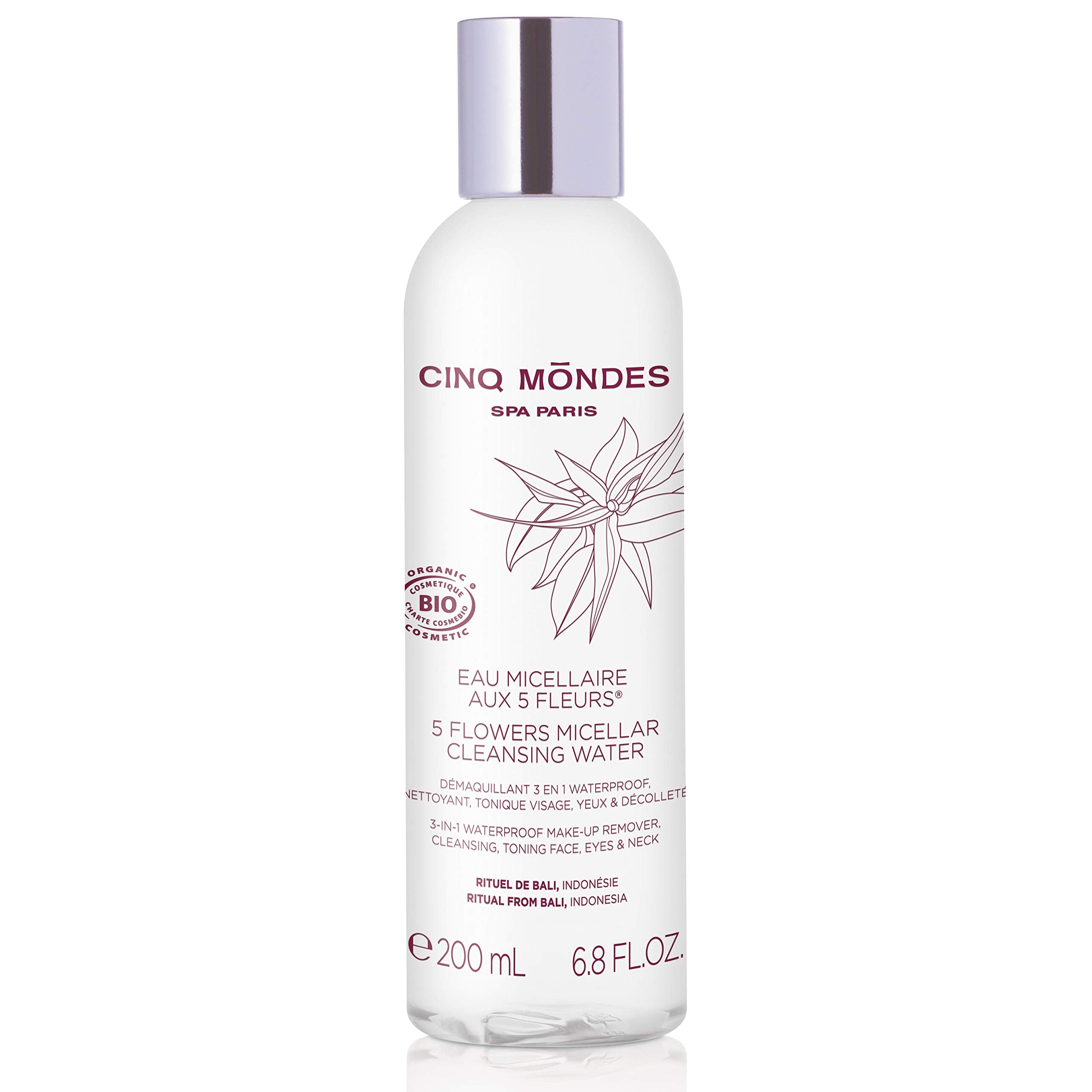 Cinq Mondes Five Flowers Micellar Cleansing Water 6.8 Fl.oz.- French-Crafted Organic Waterproof Eye Makeup Remover - Natural Bal