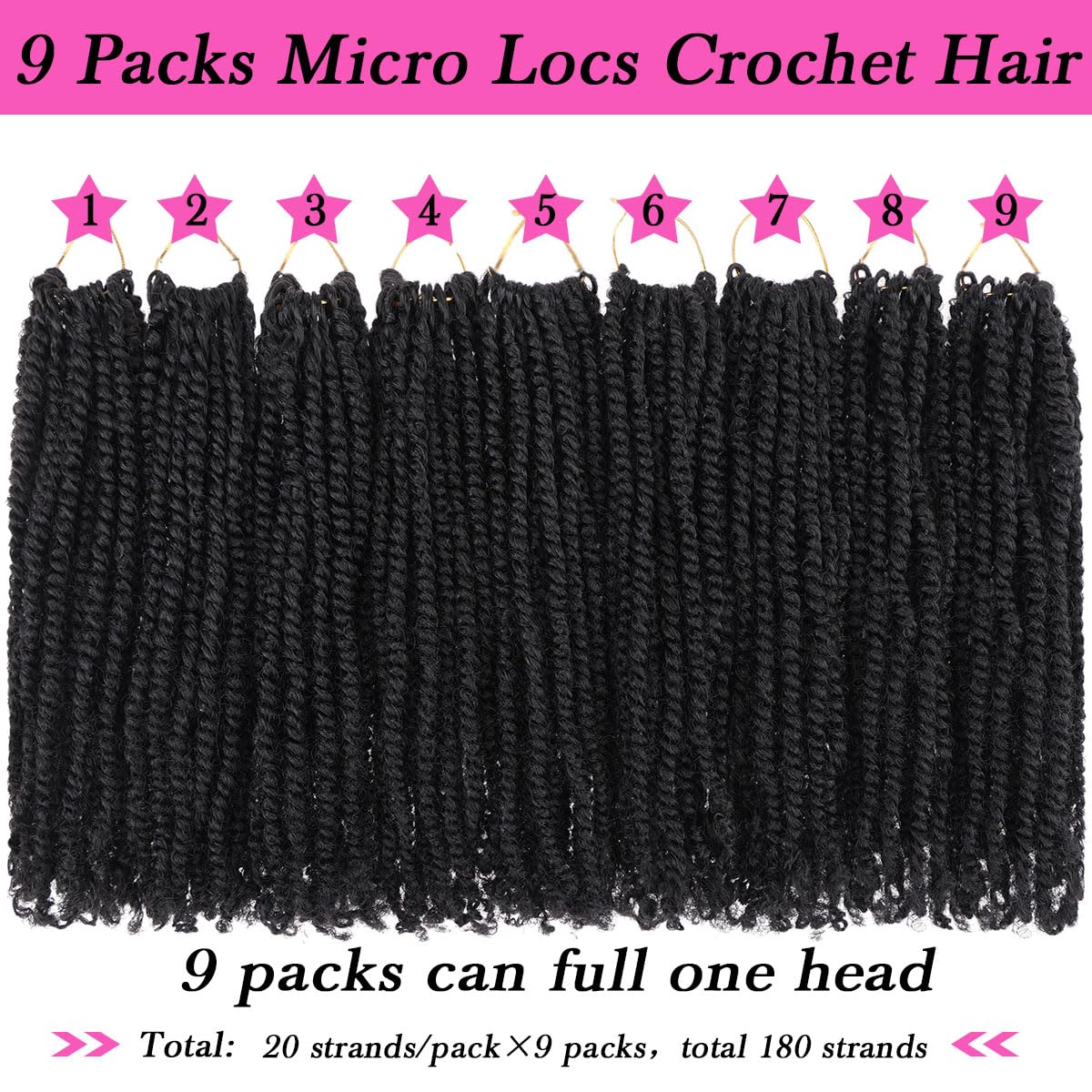COOKOO 8 Inch Micro Twist Crochet Hair Extensions, 9 Packs, Natural Black, Pre-twisted Mini Passion Twist, Synthetic, 1B#
