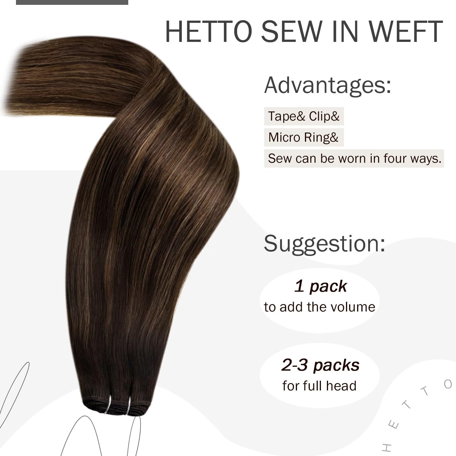 Hetto Ombre Sew In Hair Extensions Human Hair Weft Extensions 14 Inch 80G 2/8/2 Darkest Brown With Light Brown Weft Hair Extensi