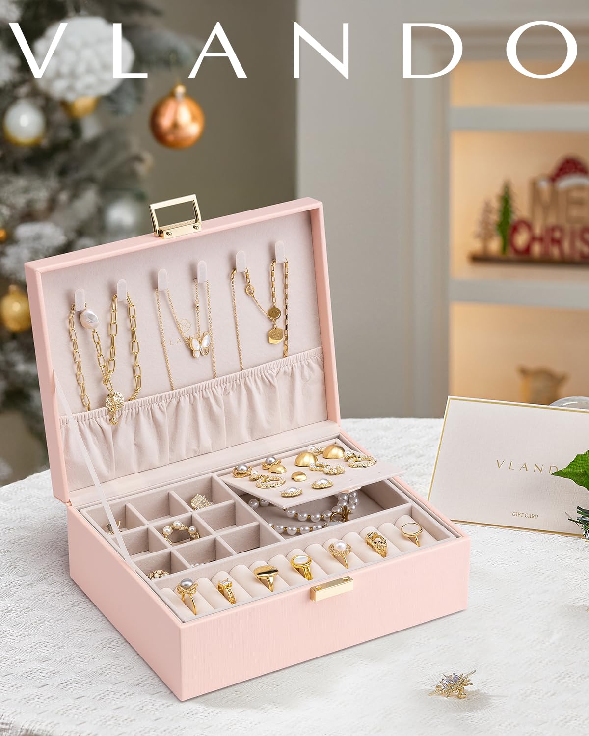 Vlando 2 Layer Jewelry Box Large Jewelry Organizer for Women Removable Jewelery Tray for Necklace Earrings Rings Bracelets Jewel