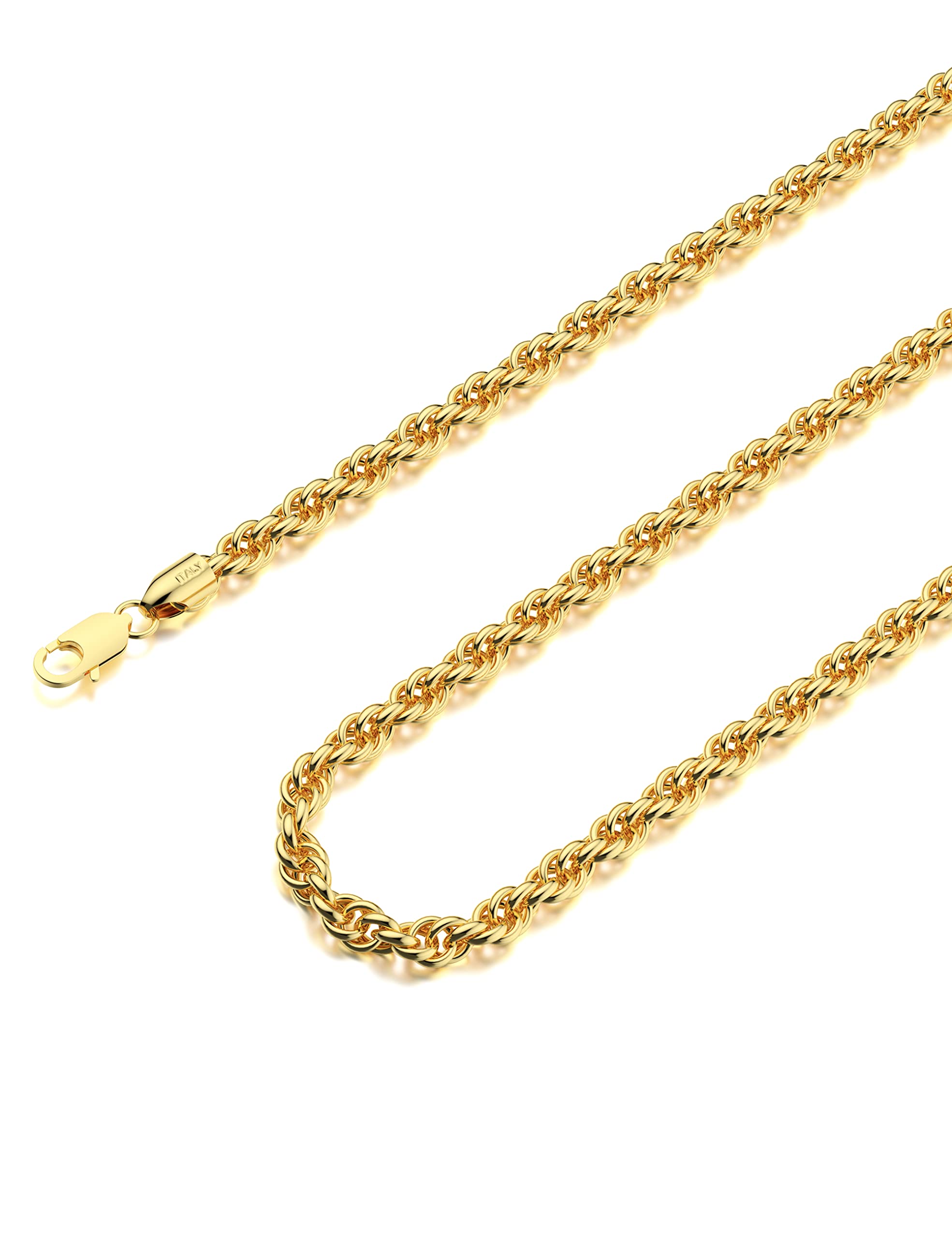Waitsoul 925 Sterling Silver Rope Chain Lobster Clasp 3mm 18k Gold Chain Necklace for Men Women Necklace Chain 22 Inch