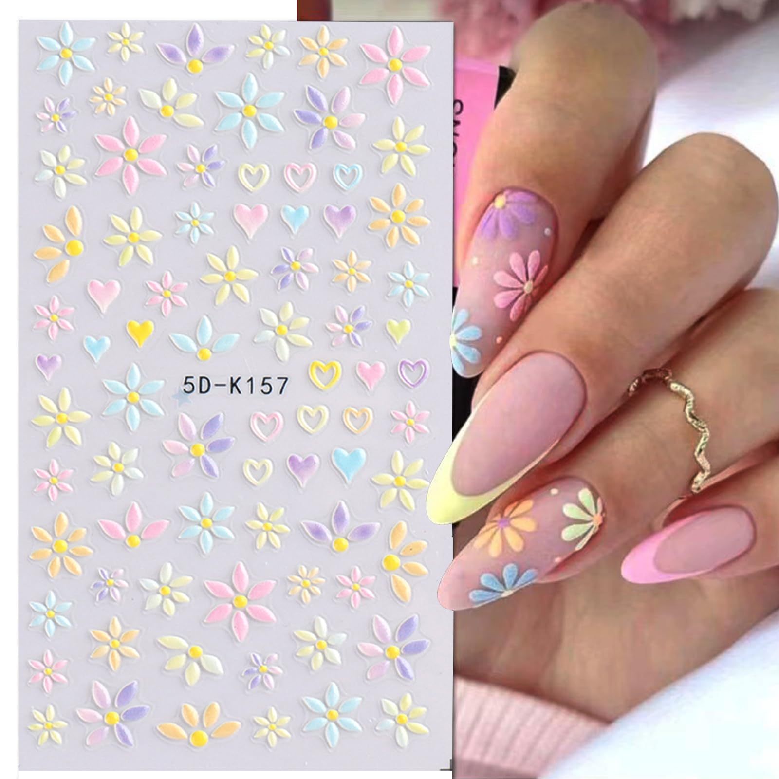 Votacos 6 Sheets Flower Nail Art Stickers Decals 5D Embossed Nail Decals Spring Summer Self-Adhesive Nail Supplies Accessories 3