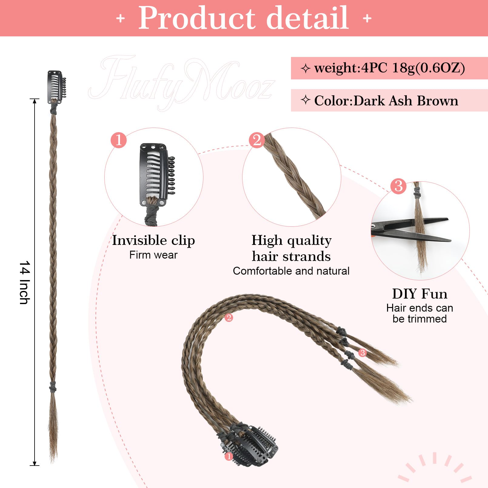 Flufymooz 4Pc Braid In Hair Extension 14 Inch Clip In Braid Extensions For Women Synthetic Hairpieces For Daily Use Party Stylin