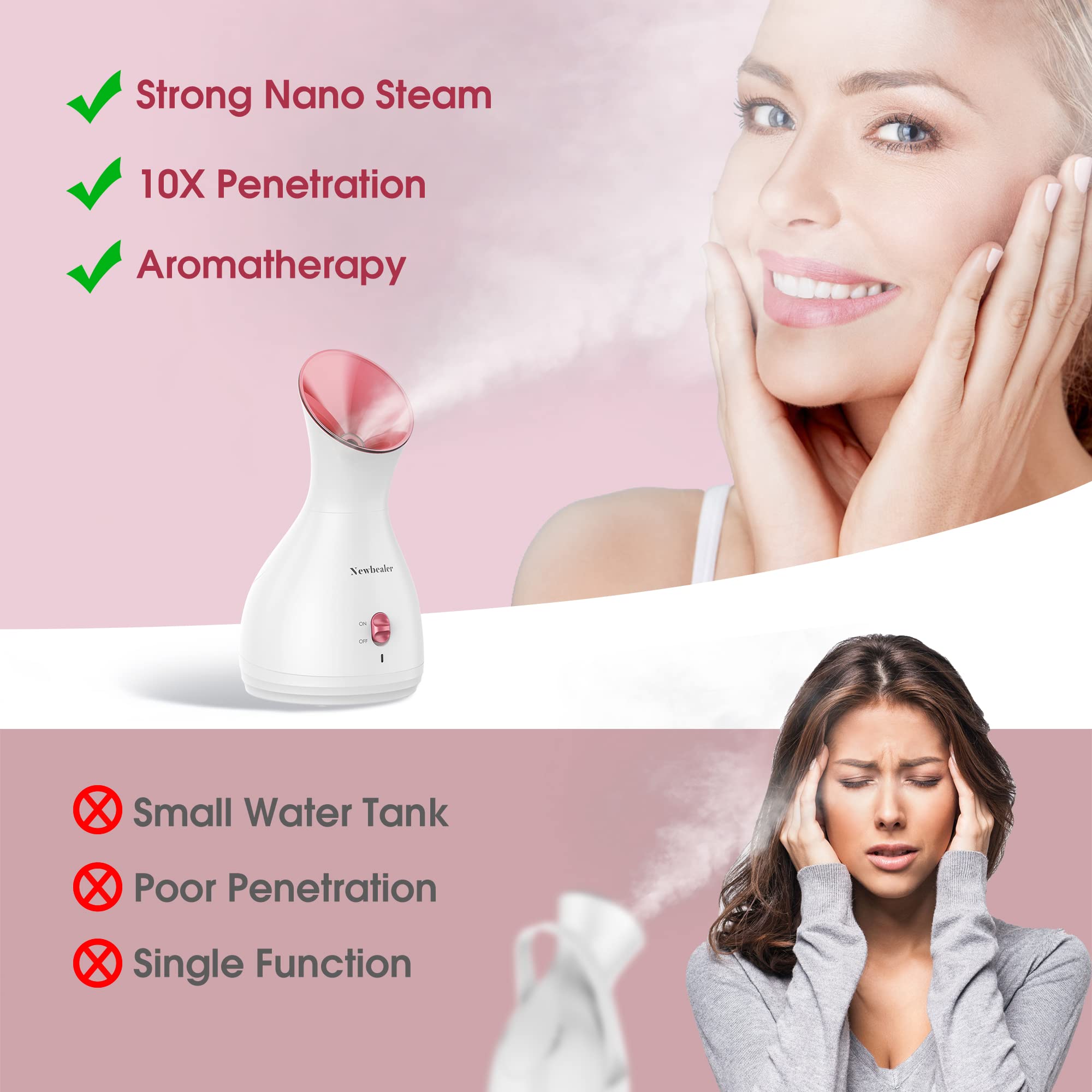 Newbealer 2in1 Facial Steamer, Hot Mist Facial Aromatherapy Humidifier Atomizer, Large Face Steamer Unclogs Pores Sinuses Moistu