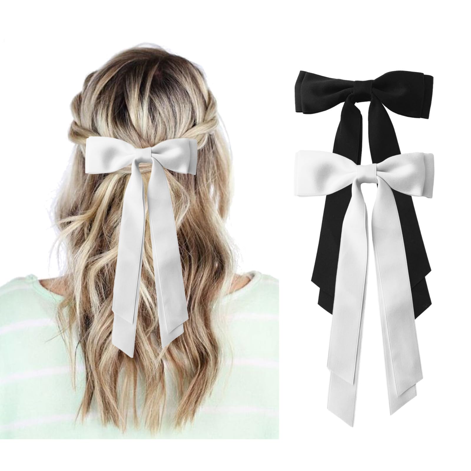 Black and White Hair Bows for Women - 2Pcs Silkly Satin Hair Ribbon Bow with Metal Clips Hair Accessories for Girls