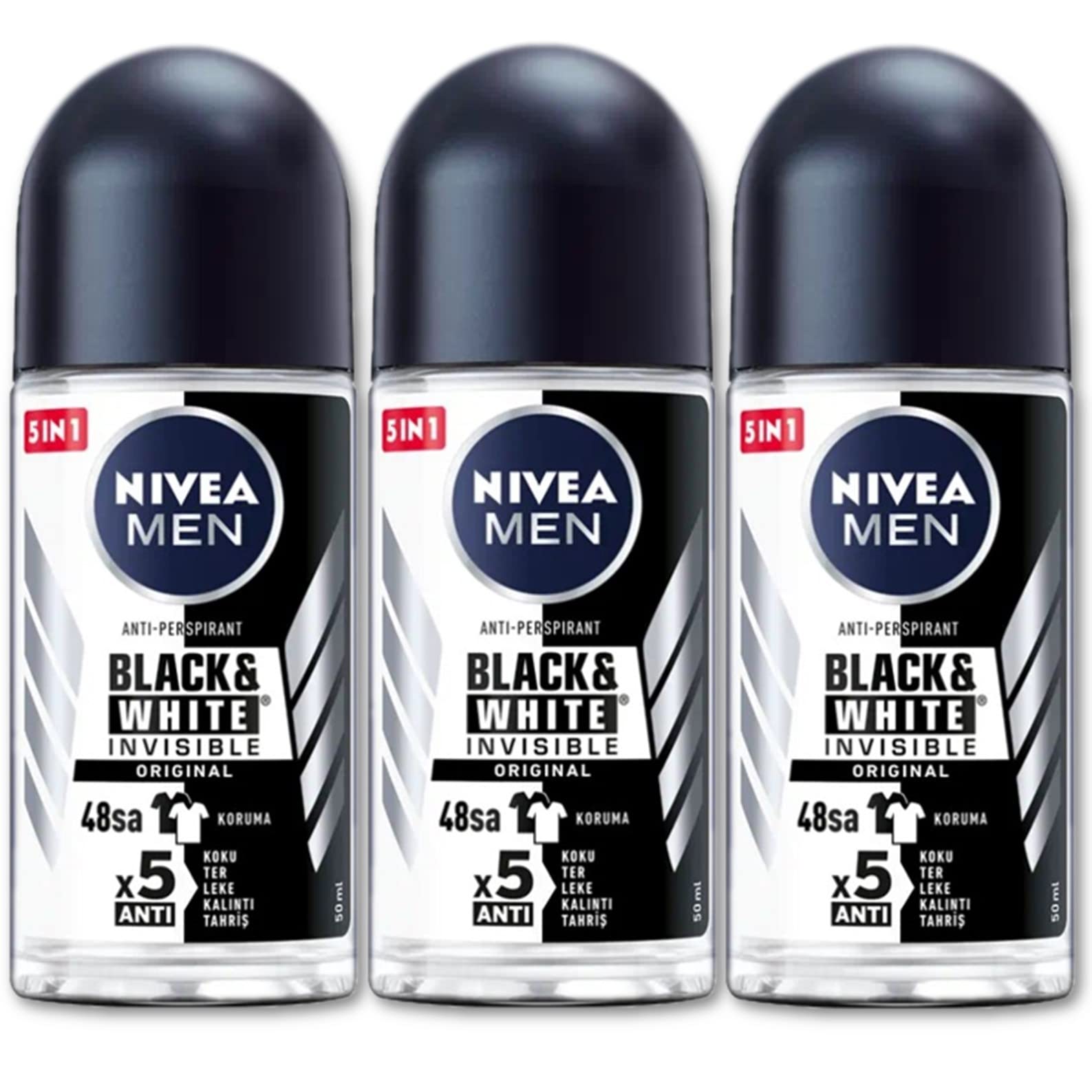 Nivea 48H Deodorant Roll-On Roll On Invisible For Black&White Anti Perspirant 50Ml (Original Pack Of 3) 1.7 Fl Oz