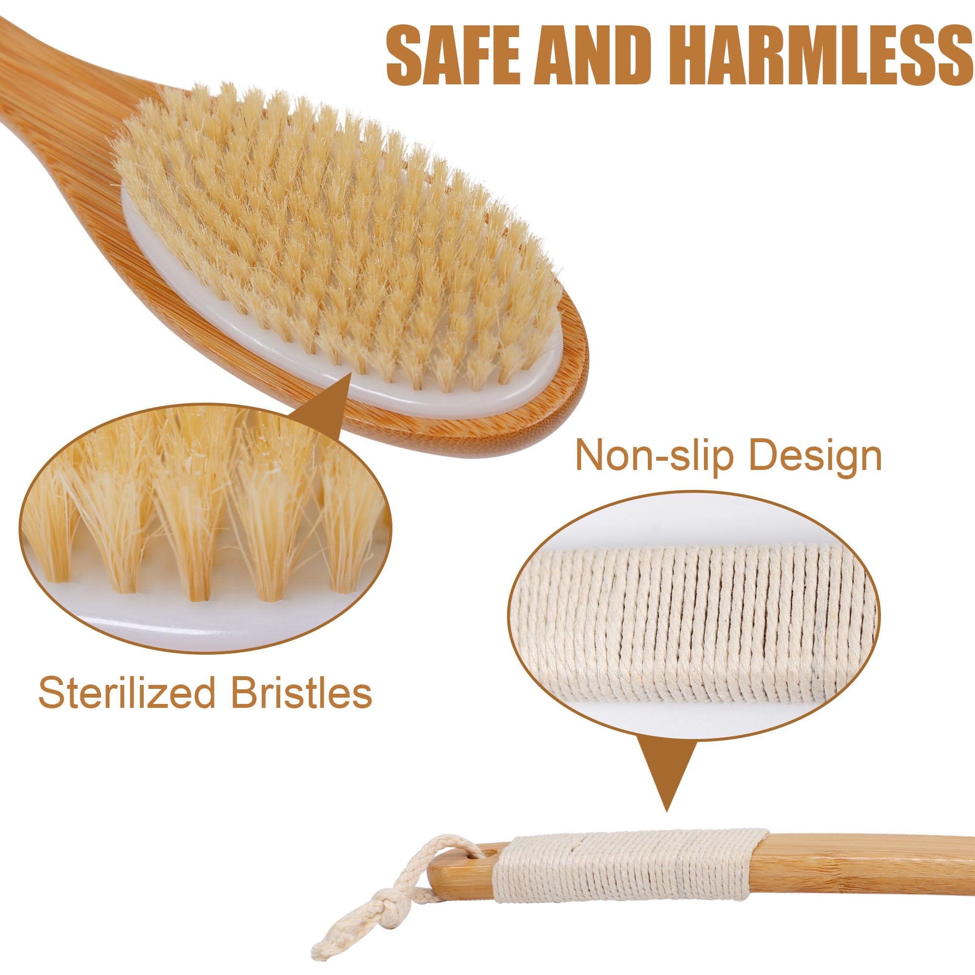 Owiizi Bath Brush Bamboo Curved Long Handle Antiskid Body Brush For Exfoliating, Natural Bristles Shower Scrubber For Back Use W