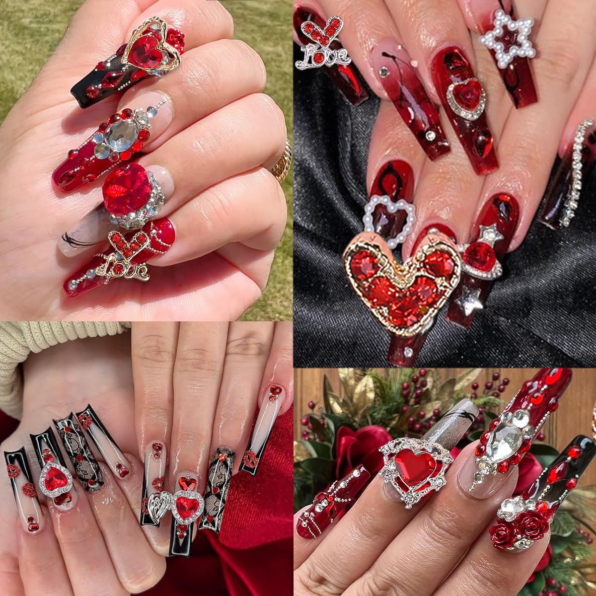 Valentines Nail Charms For Crown Nails Art Gold Silver Heart Nail Rhinestones Romantic Red Glitter Heart Nail Art Charms 3D Allo