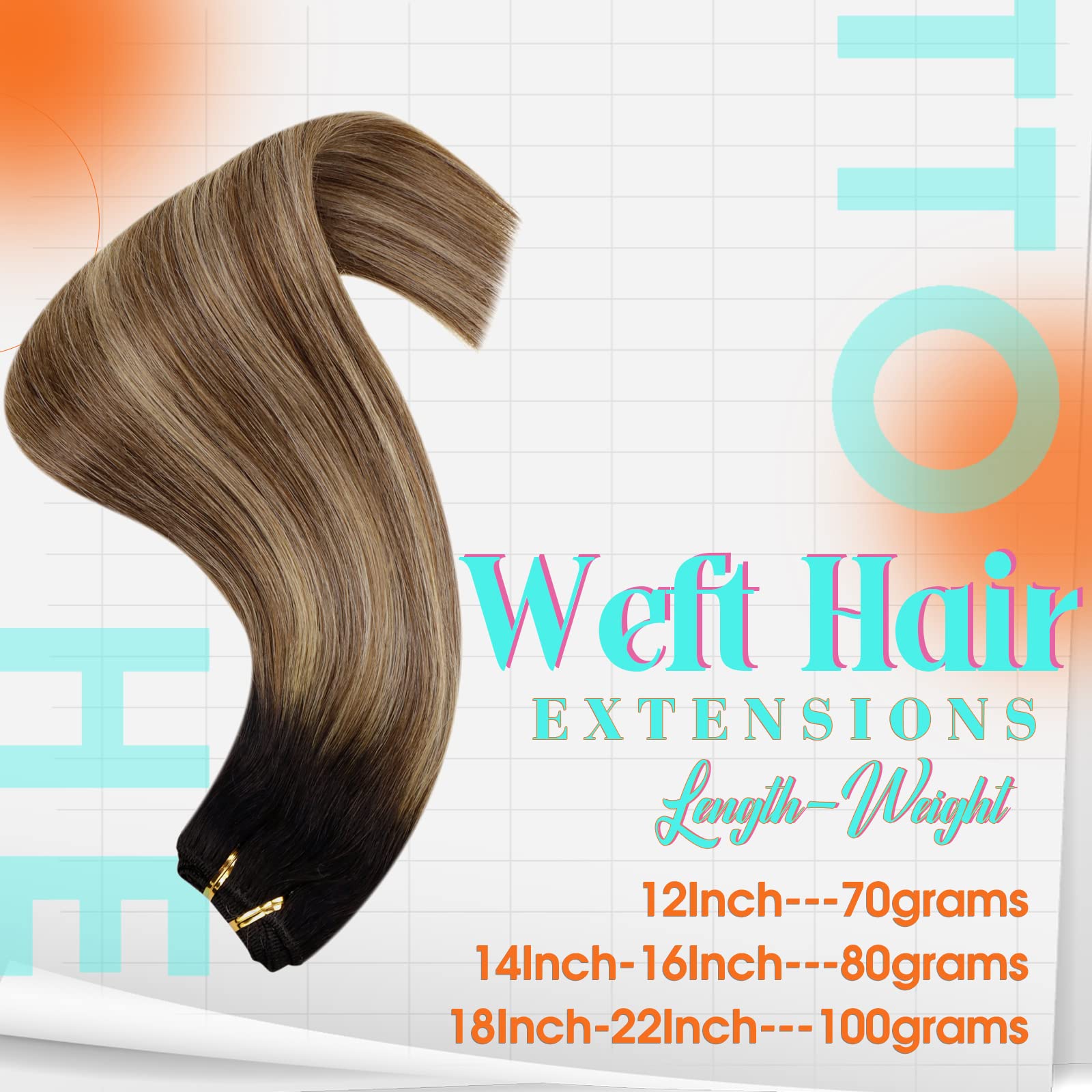 Hetto Ombre Weft Hair Extensions Human Hair Sew in Weft Extensions 18 Inch 100g #1B/6/27 Black to Brown Highlighted Blonde Balay