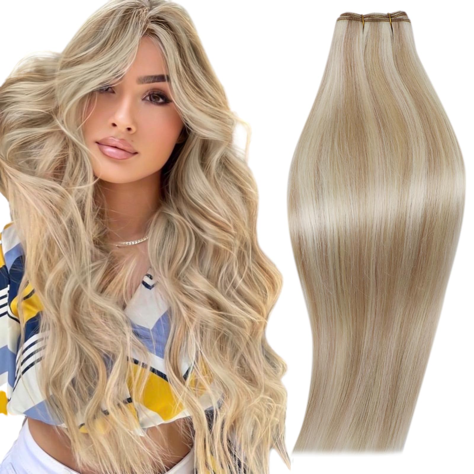 RUNATURE Blonde Weft Hair Extensions Human Hair Straight Remy Human Hair Weft Extensions Ash Blonde Mix Platinum Blonde Thick We
